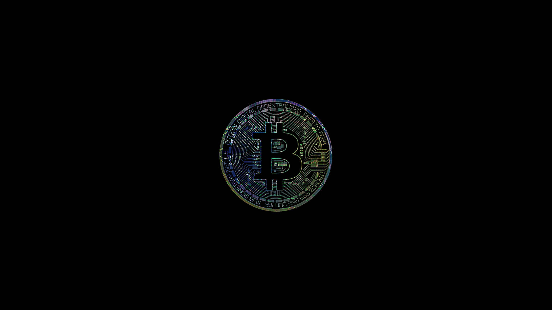 Screen 桌布 壁紙 — 一個發光的比特幣符號帶有電路板圖案，在漆黑的背景上散發出霓虹色調。