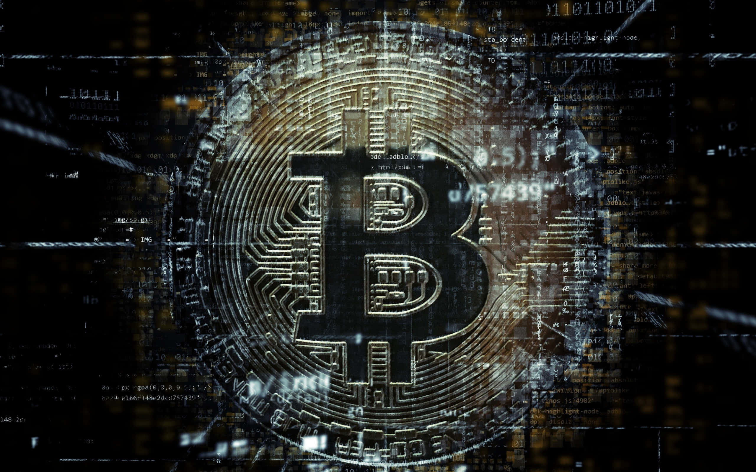 加密貨幣 桌布 壁紙 — 一個發光的比特幣符號從由浮動二進制代碼和電路組成的數字矩陣中浮現，背景為深色。