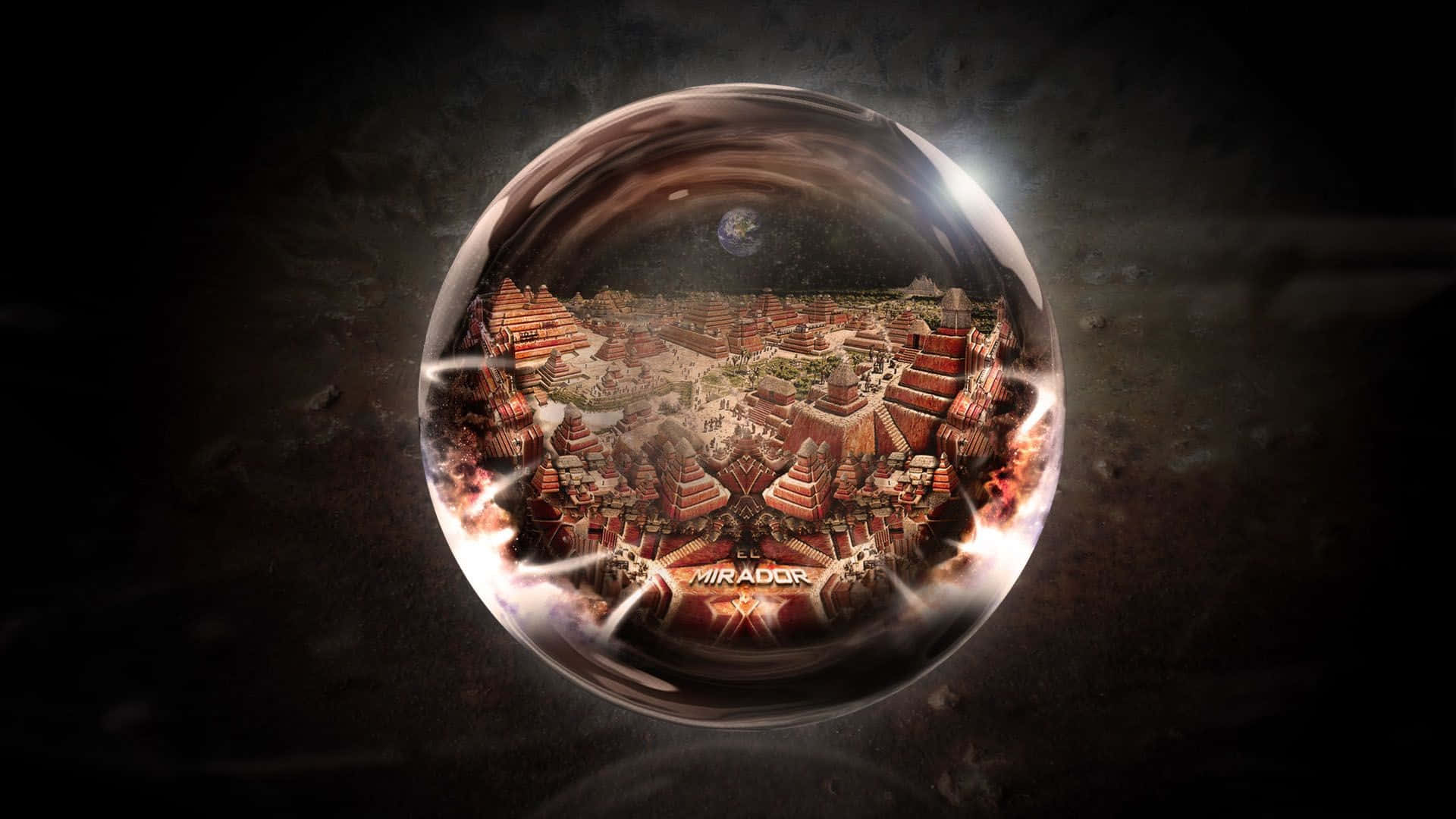 Crystal Ball 桌布 壁紙 — 一個發光的水晶球包裹著一個廣闊的外星城市景觀，其中有梯田金字塔，背景是星光燦爛的宇宙天空。