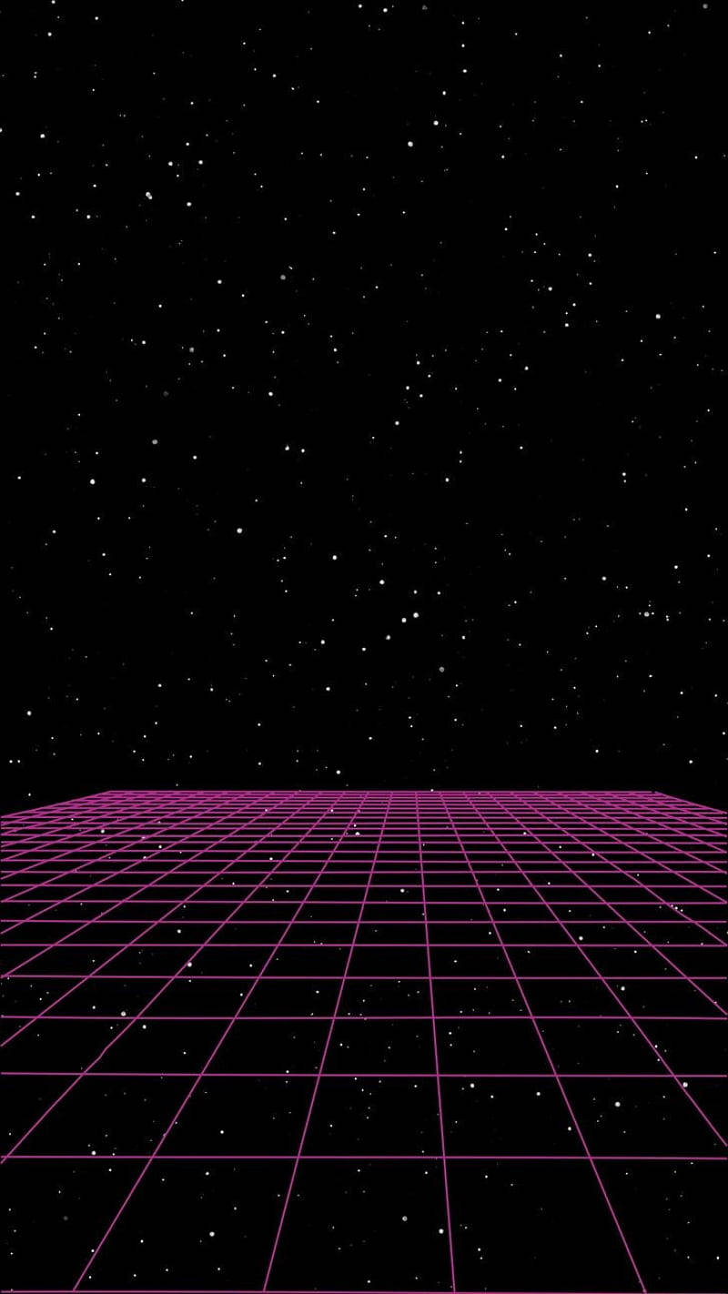 夜空 桌布 壁紙 — 一個發光的洋紅色網格向星空黑色天空延伸，呈現經典的復古未來主義場景。