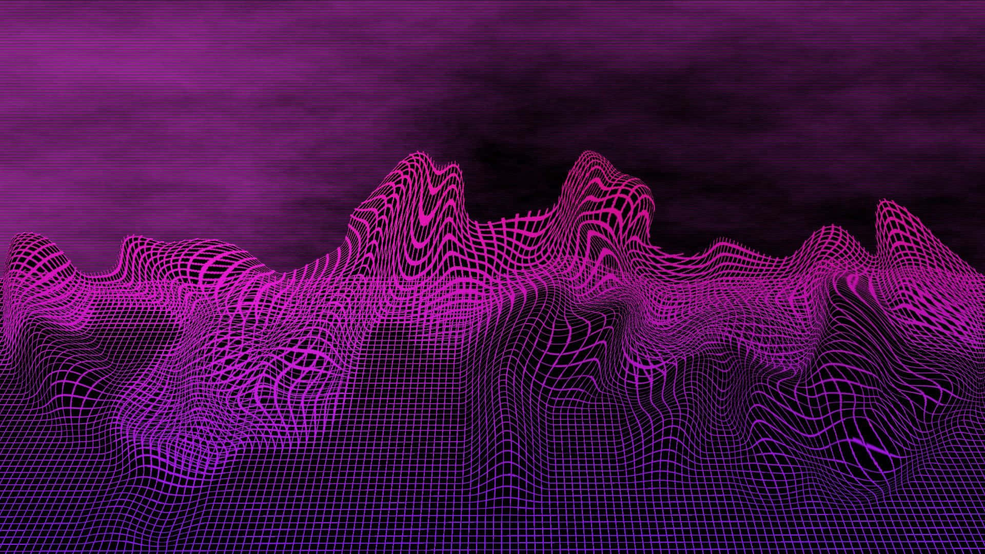 Pink Grid 桌布 壁紙 — 一個發光的洋紅色線框景觀在黑暗漸變的天空中起伏，呈現數碼抽象場景。