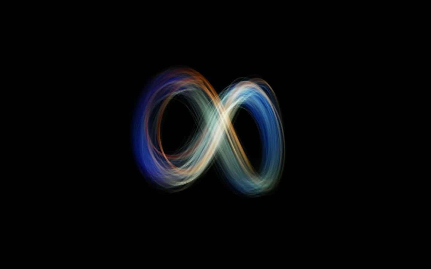 Dark Infinity 桌布 壁紙 — 一個發光的無限符號，在純黑色背景上旋轉著藍色、橙色和白色的光。