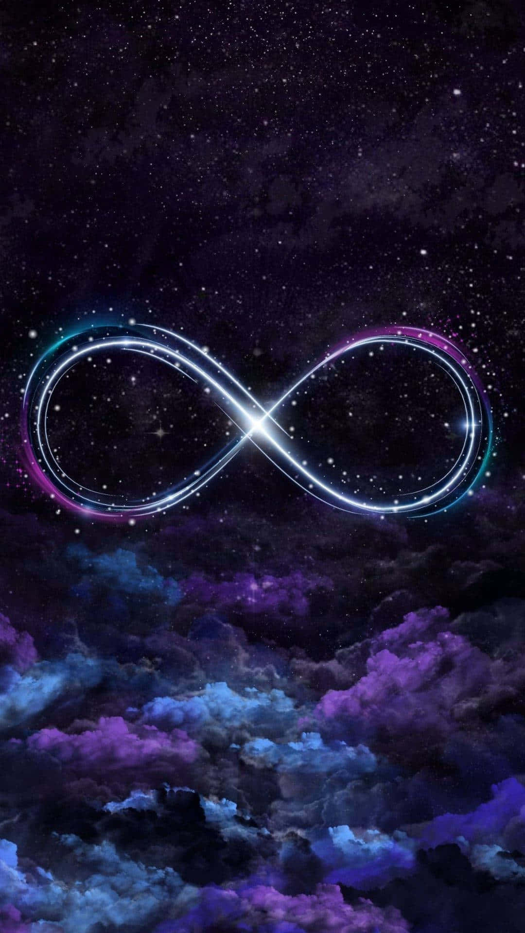 Kawaii Galaxy 桌布 壁紙 — 一個發光的無限符號漂浮在繁星點點的宇宙天空中，伴隨著旋轉的紫色和藍色星雲。