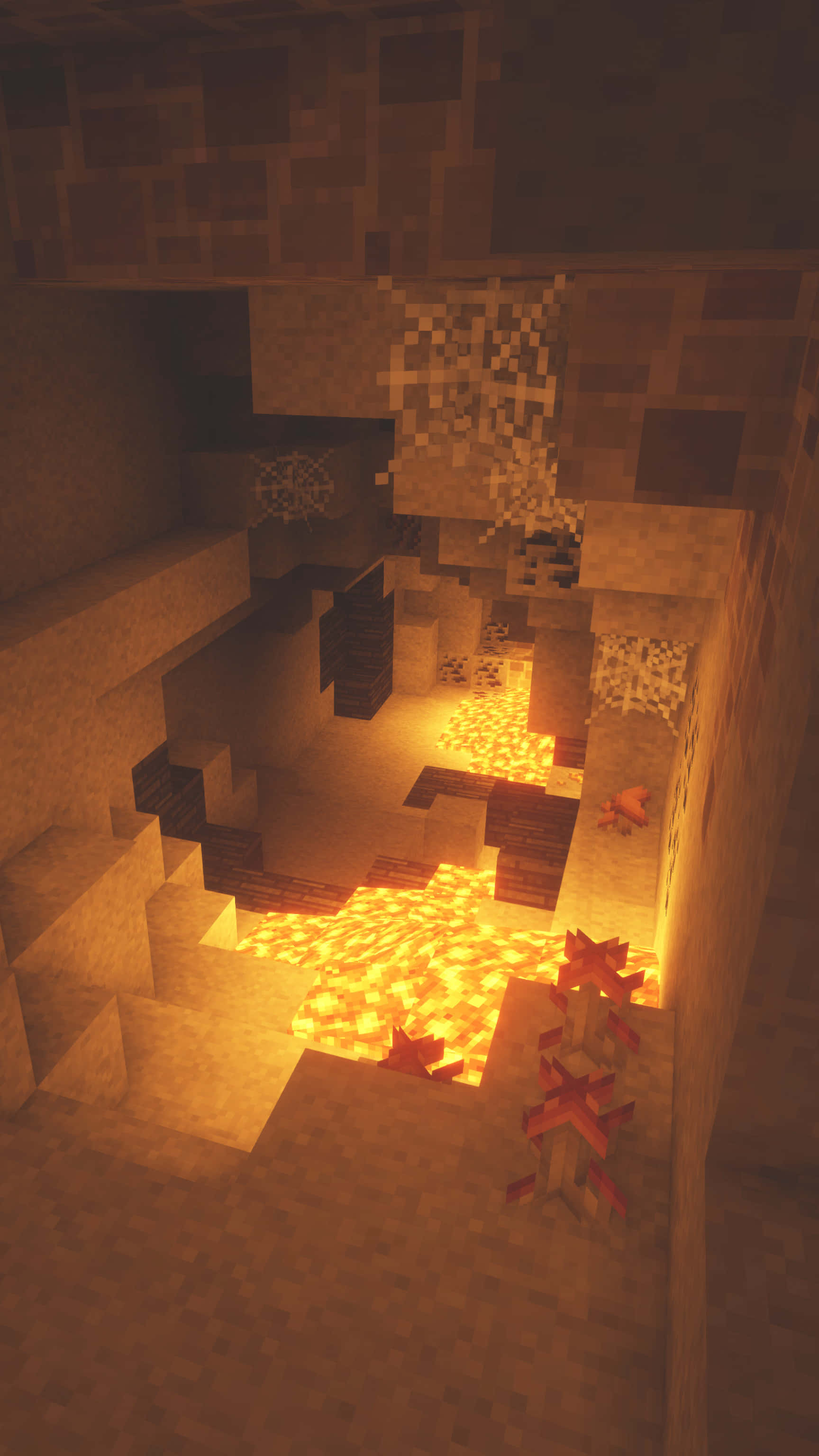 Minecraft Phone 桌布 壁紙 — 一個發光的熔岩池照亮了一個像素化的Minecraft洞穴，石塊和紅石火炬散發出溫暖的光芒。