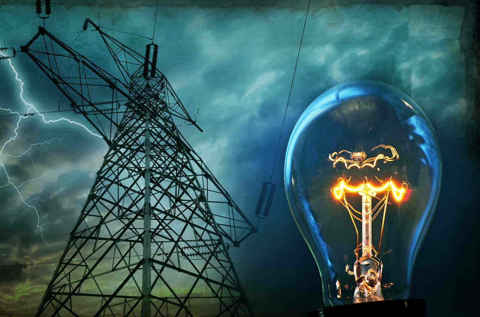 Energy 桌布 壁紙 — 一個發光的燈絲燈泡照亮了暴風雨的天空，閃電擊中了一座高聳的電塔附近。