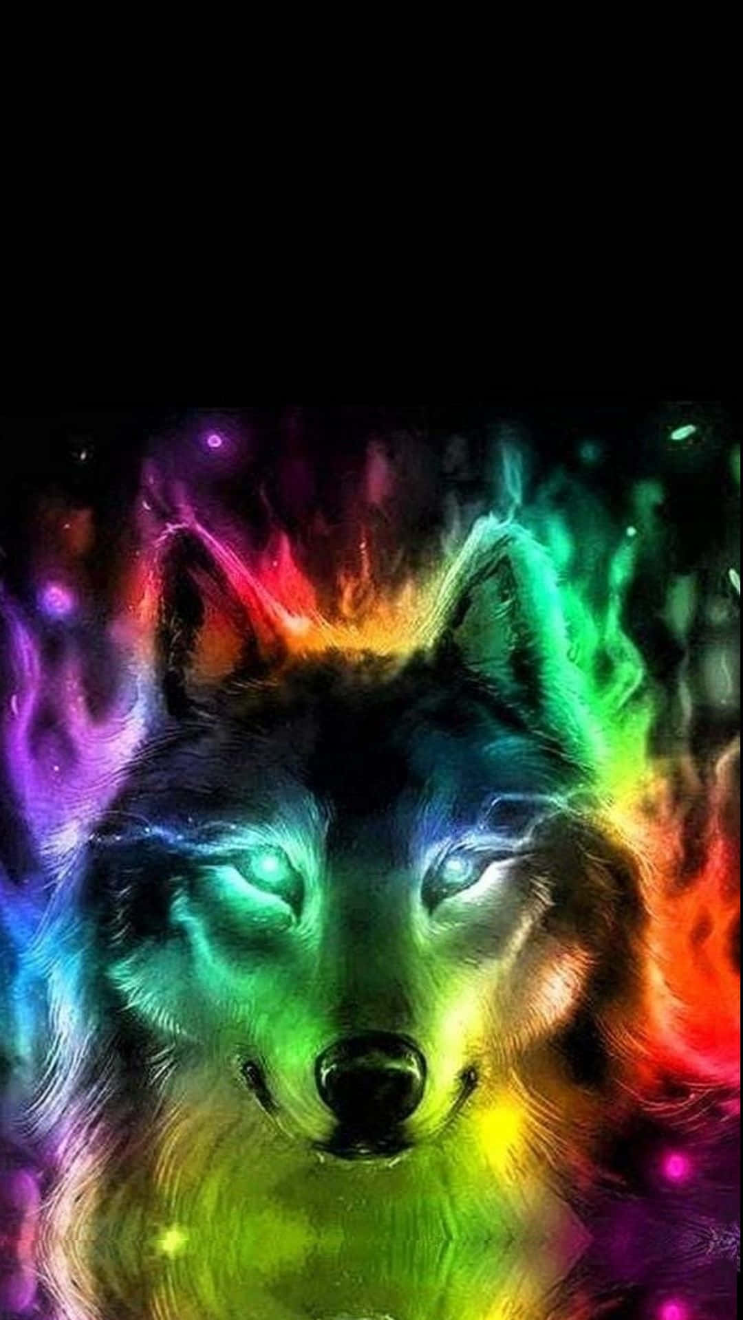 型狼 桌布 壁紙 — 一個發光的狼頭在黑暗的宇宙背景下散發出充滿活力的彩虹火焰。