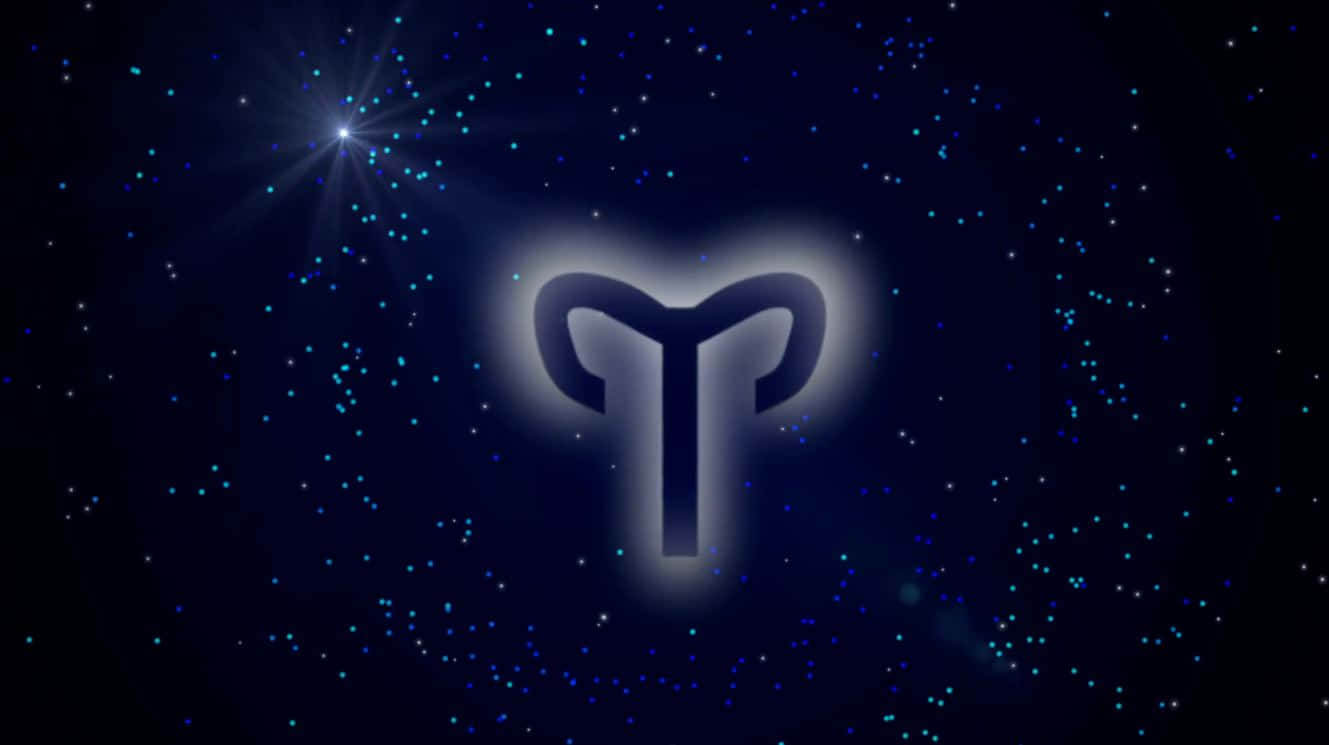aries 桌布 壁紙 — 一個發光的白羊座符號在繁星點點的夜空下柔和地散發光芒，左上角有一個明亮的星爆。