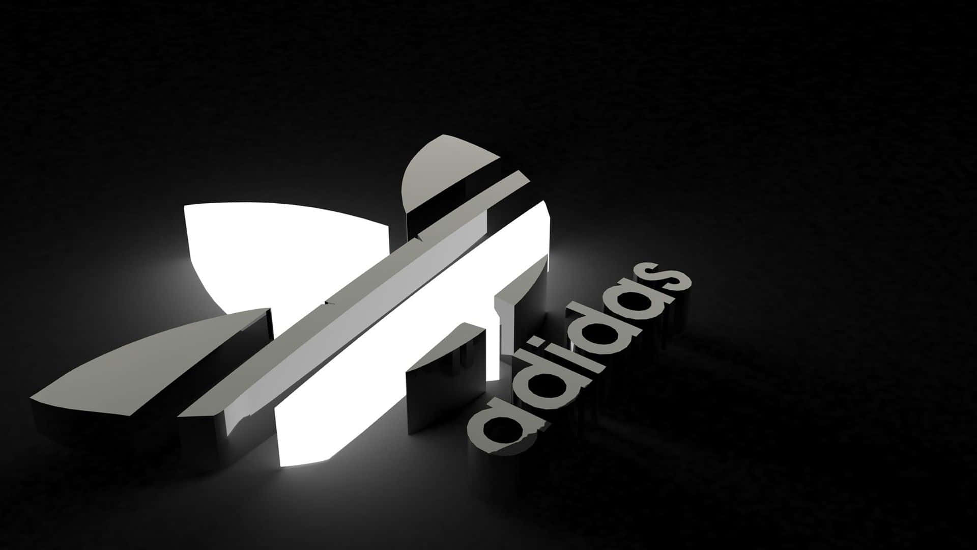 3d Sports 桌布 壁紙 — 一個發光的白色Adidas標誌，帶有三條紋和品牌名稱，在深色紋理背景上脫穎而出。