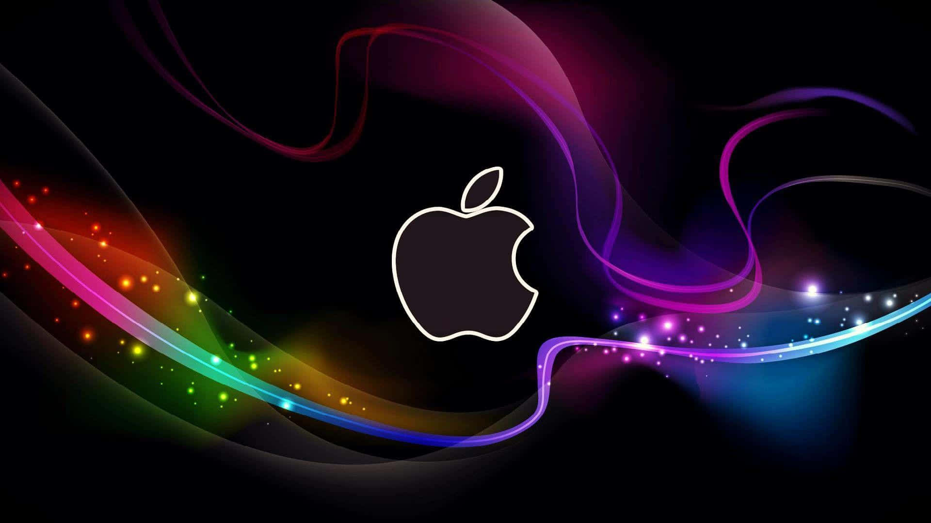 蘋果標誌 桌布 壁紙 — 一個發光的白色Apple標誌，置於深色背景中央，伴隨著旋轉的彩虹光軌和閃爍的粒子。