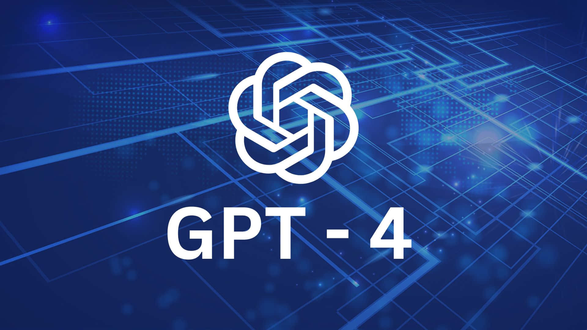 Gpt-4 桌布 壁紙 — 一個發光的白色GPT-4標誌漂浮在帶有霓虹網格線和光粒子的未來藍色電路板上方。