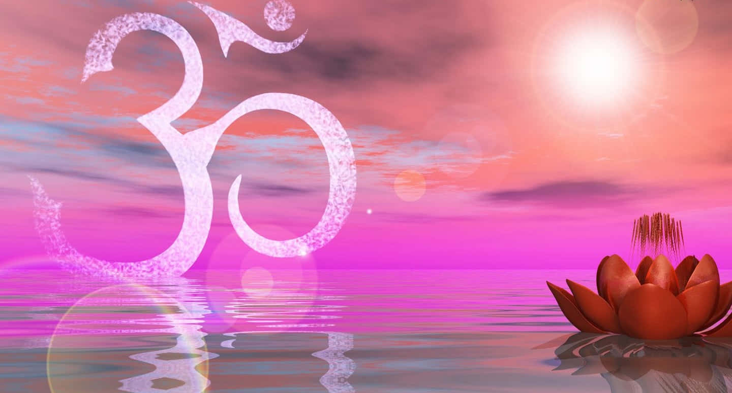 Om 桌布 壁紙 — 一個發光的白色Om符號漂浮在平靜的水面上，附近一朵紅蓮在粉紅色日落天空下盛開。