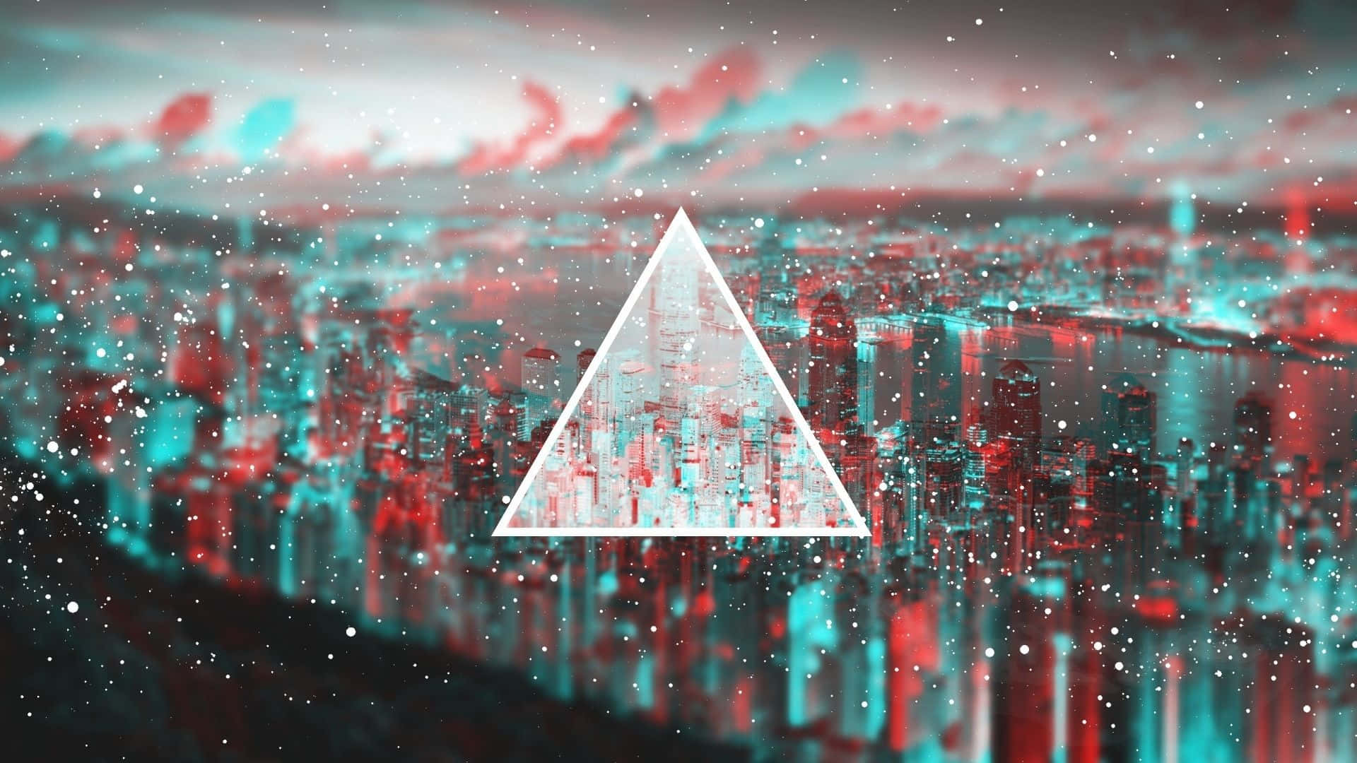 Abstraction 桌布 壁紙 — 一個發光的白色三角形懸浮在一個被紅色和青色數碼色調籠罩、帶有浮動粒子的未來城市景觀之上。