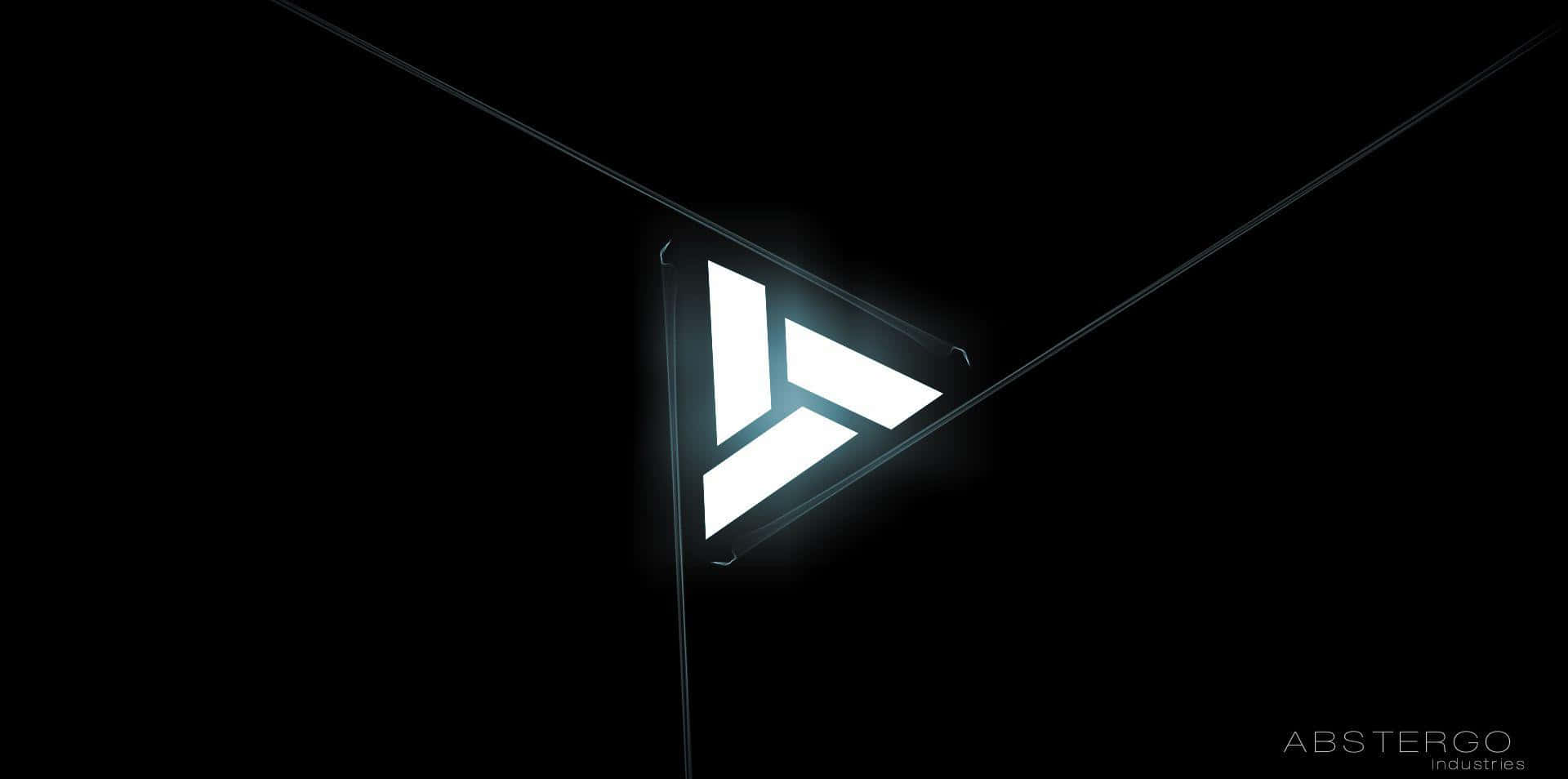Abstergo 桌布 壁紙 — 一個發光的白色三角形標誌，帶有銳利的角度，漂浮在由對角線框住的漆黑背景上。