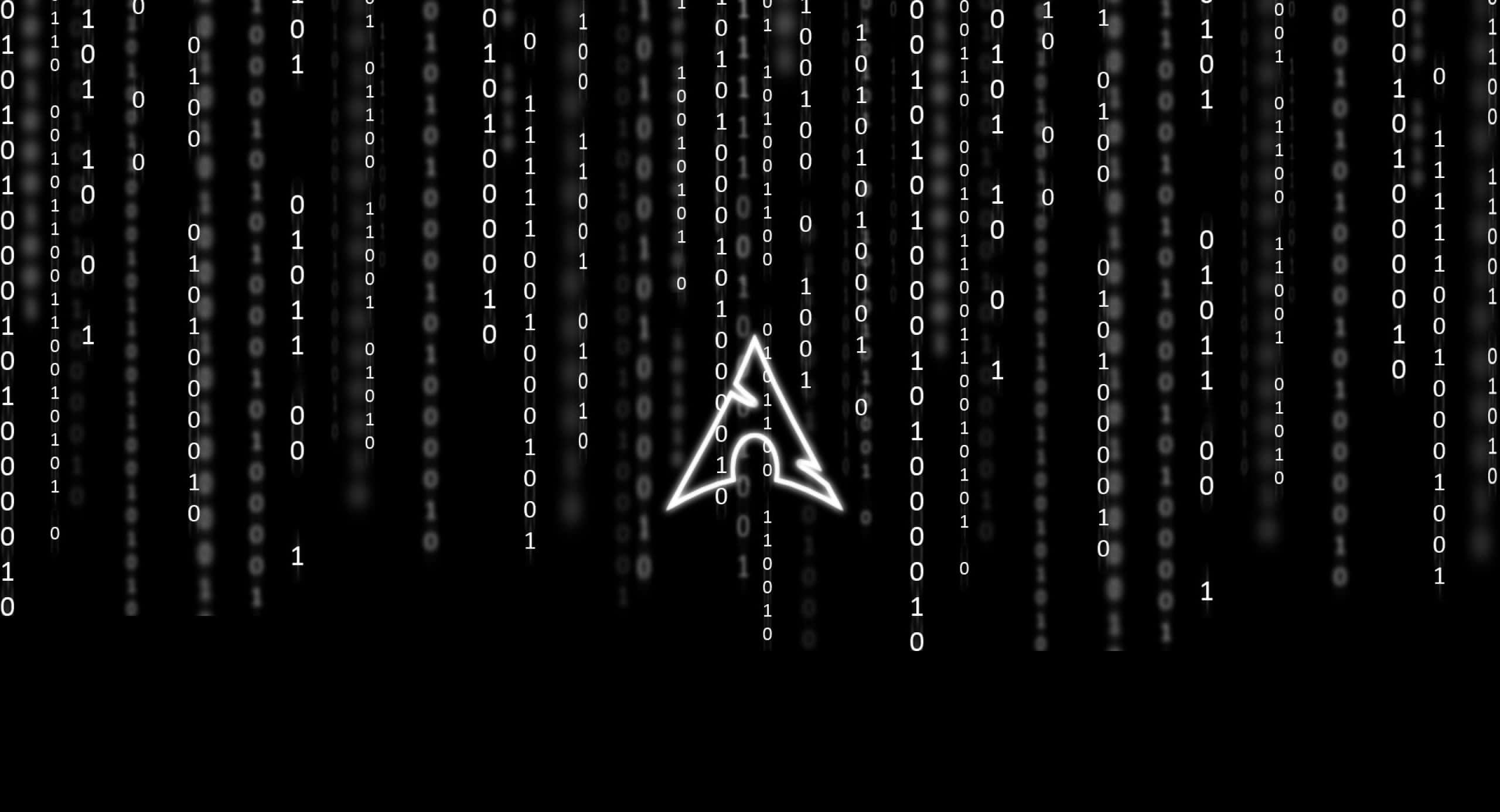 Arch Linux 桌布 壁紙 — 一個發光的白色三角形標誌從黑色數位背景中落下的二進位碼中浮現。