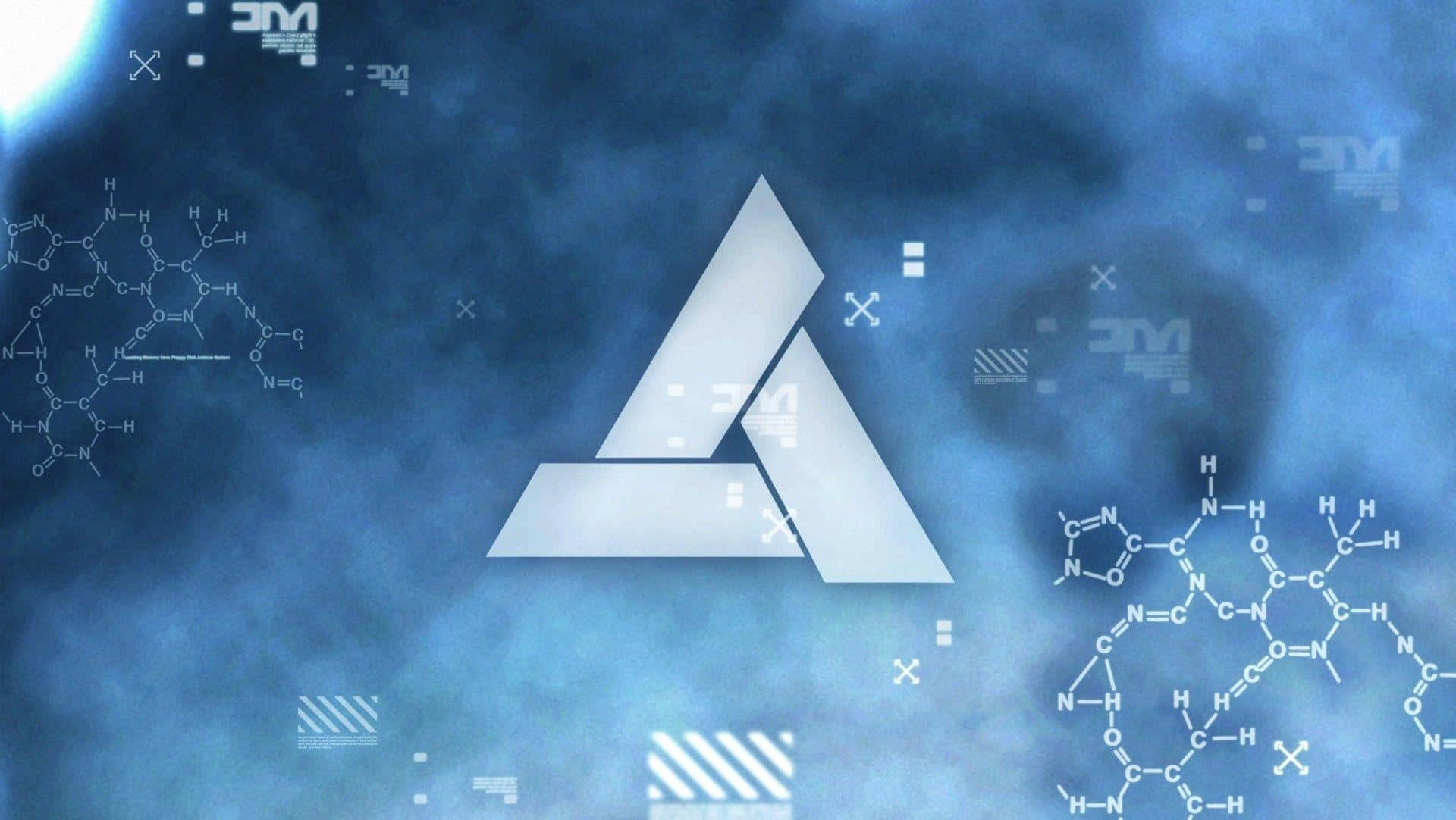 Abstergo 桌布 壁紙 — 一個發光的白色三角形標誌漂浮在旋轉的藍色數碼煙霧中，伴隨著浮動的化學公式和抽象科技符號。