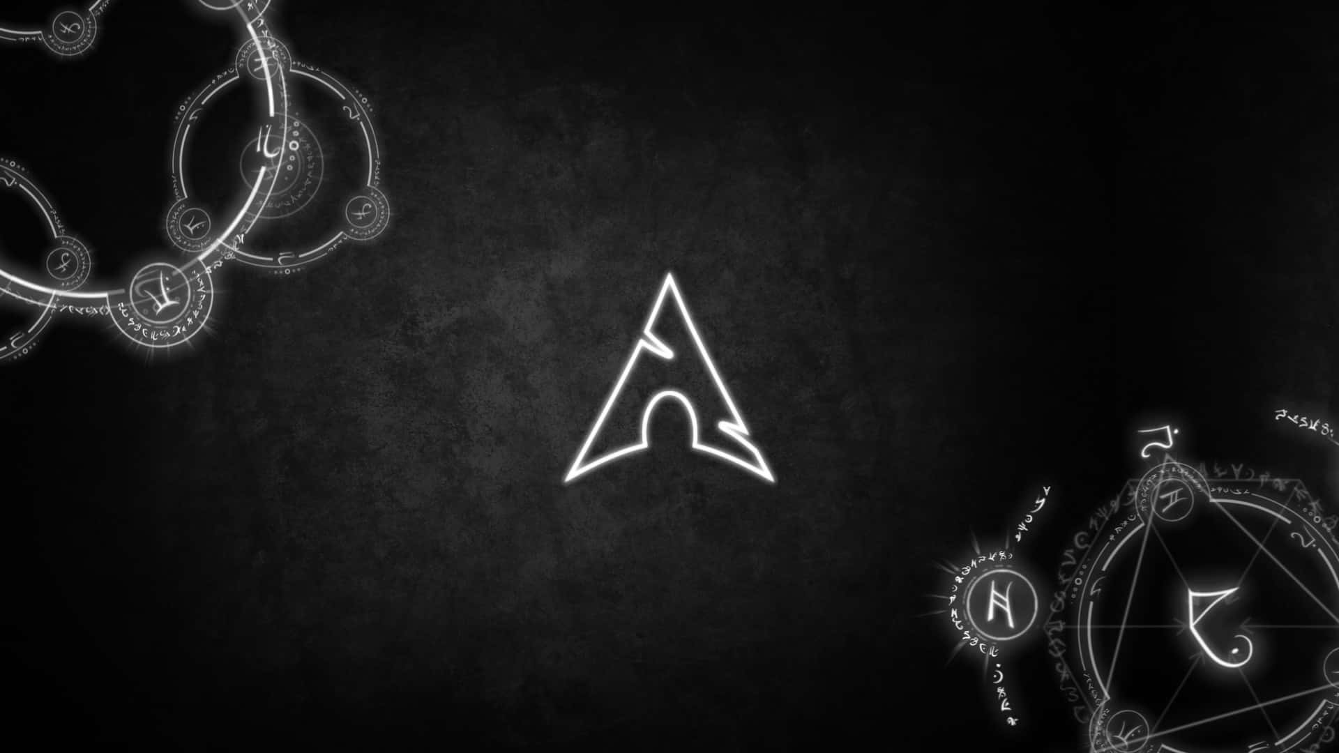Arch Linux 桌布 壁紙 — 一個發光的白色三角形符號和複雜的圓形印記漂浮在紋理深色背景上。