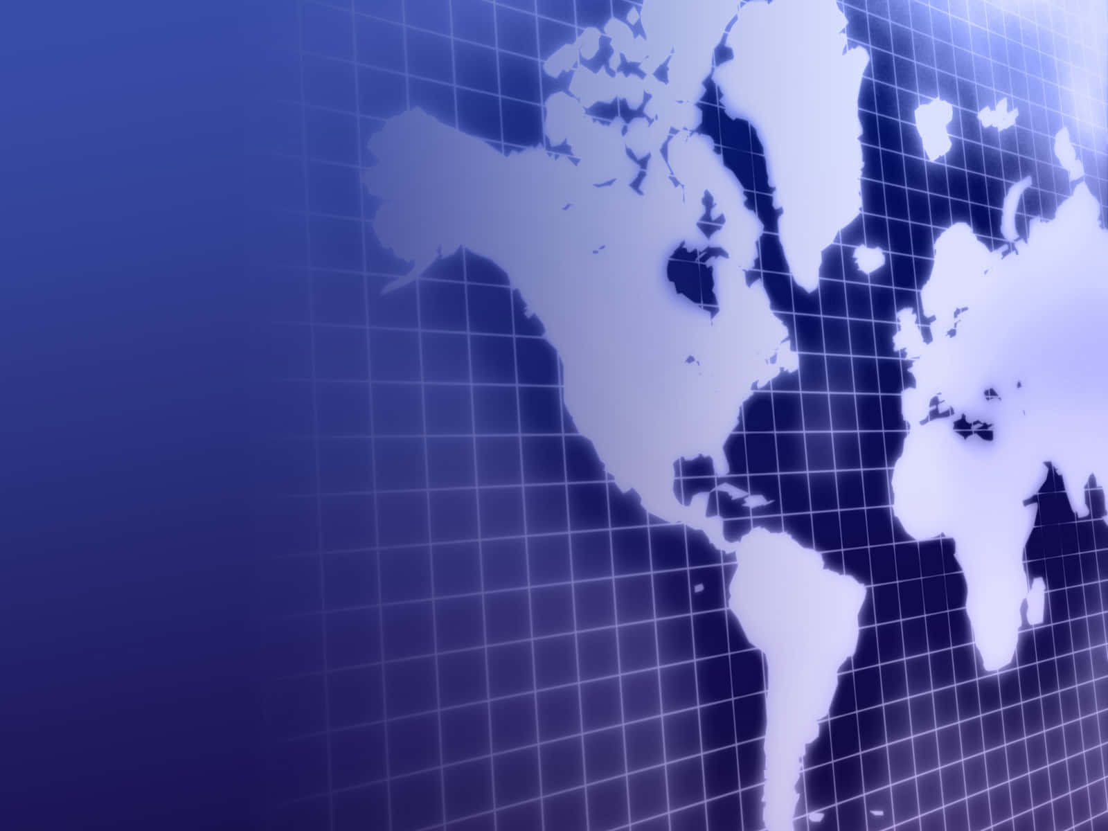 Global 桌布 壁紙 — 一個發光的白色世界地圖輪廓疊加在帶有柔和漸變的藍色網格背景上。