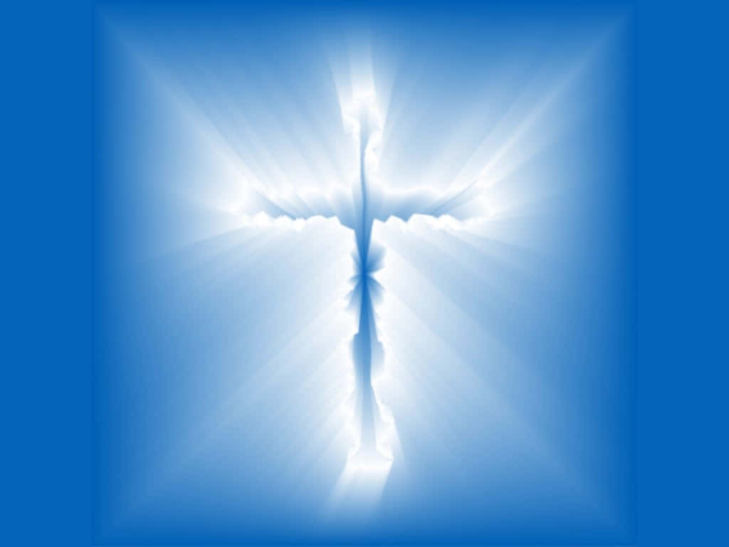 Blue Cross 桌布 壁紙 — 一個發光的白色十字架在深藍色漸變背景上發出明亮的光線。
