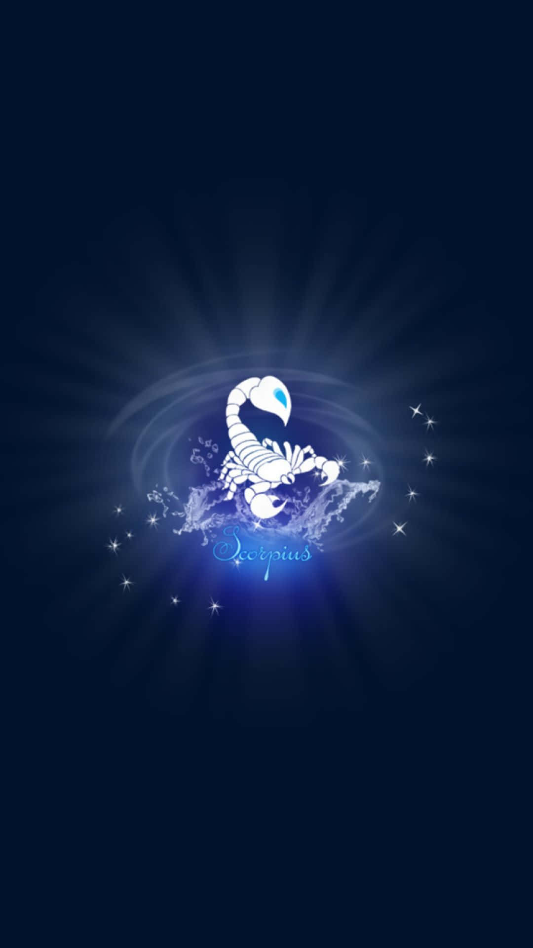 Scorpio 桌布 壁紙 — 一個發光的白色天蠍座星座在深藍色宇宙背景中散發光芒，伴隨著閃爍的星星。