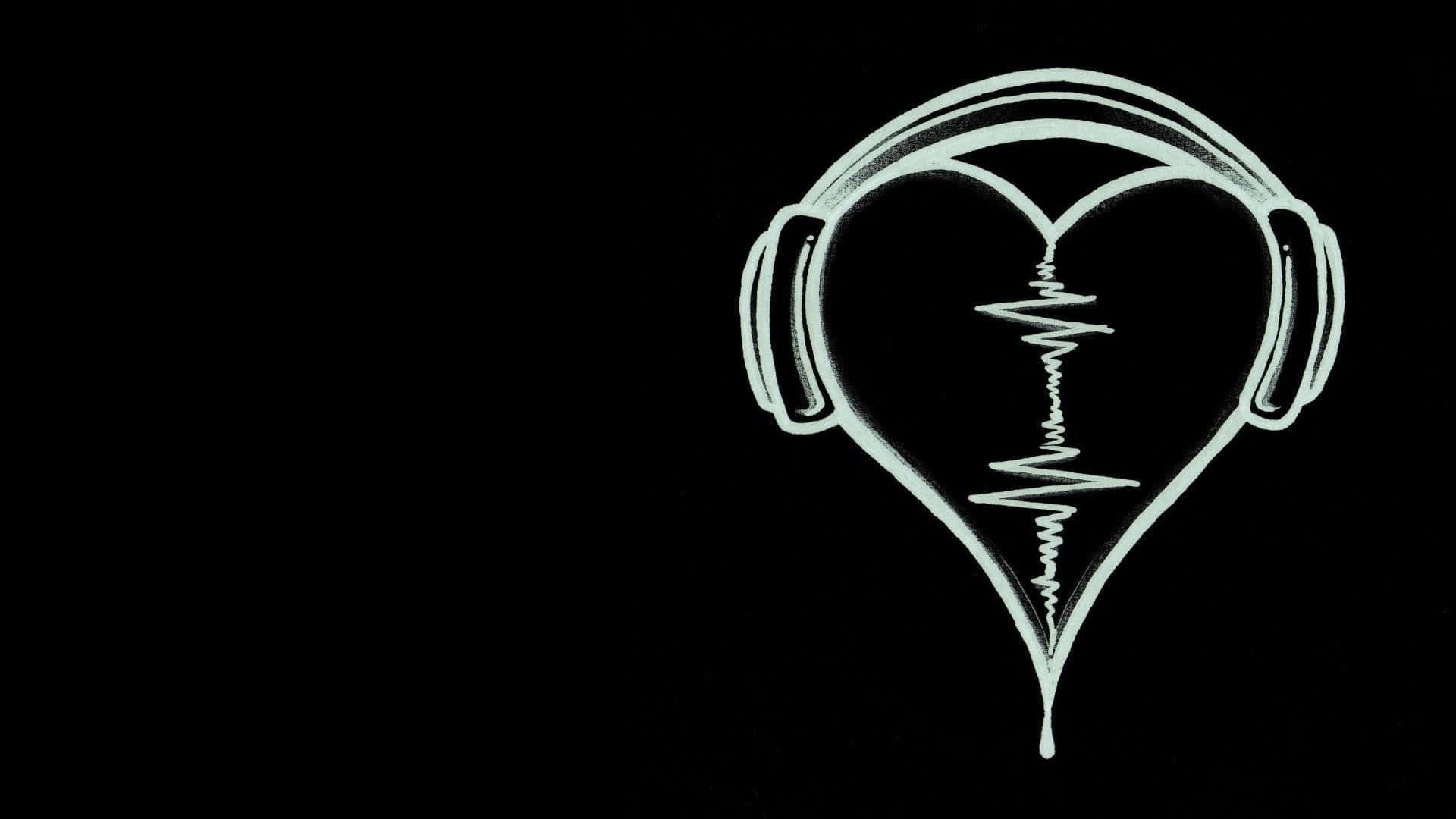 Broken Heart Black 桌布 壁紙 — 一個發光的白色心形耳機圖標，帶有在黑色背景上滴落的聲波線條。