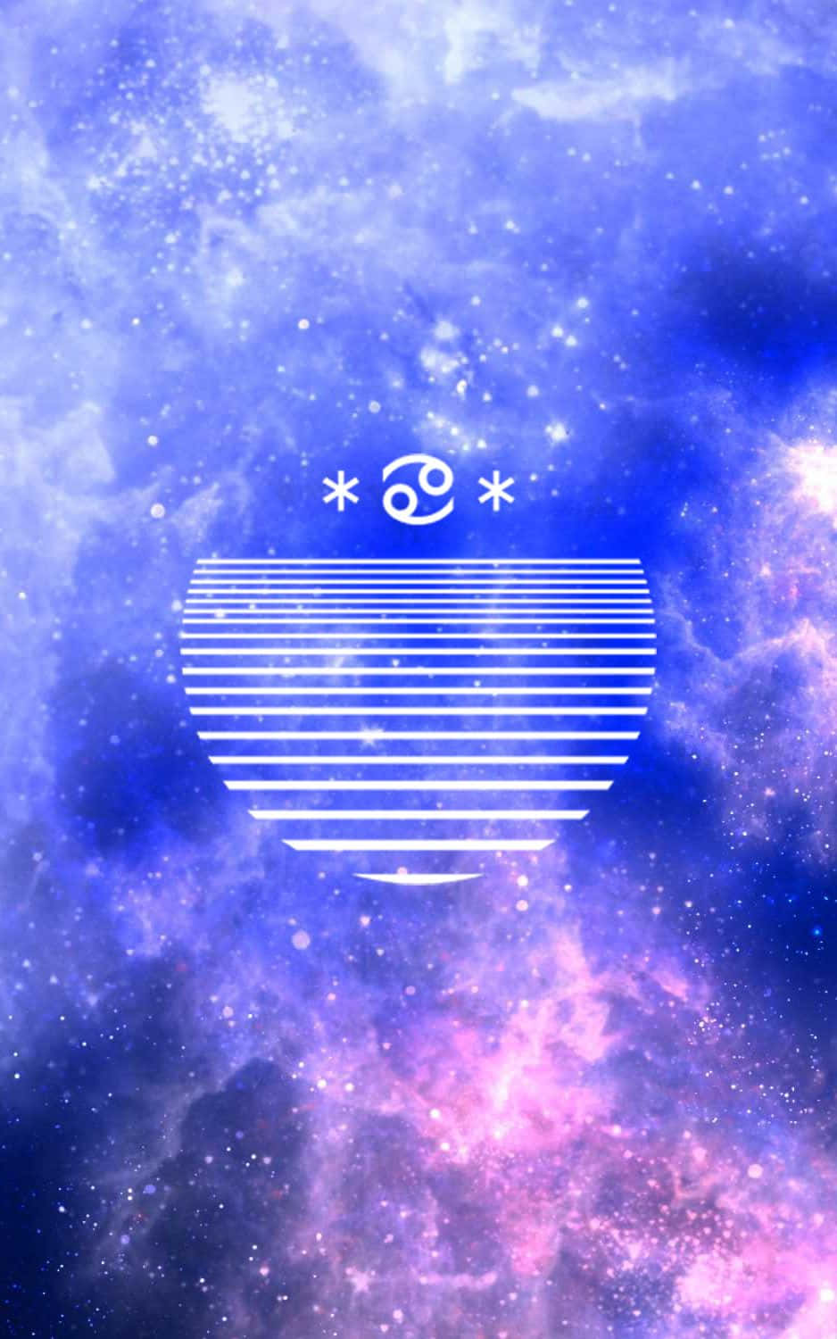 cancer 桌布 壁紙 — 一個發光的白色條紋心形，帶有星座符號，漂浮在由藍色和粉紅色星星組成的充滿活力的宇宙星雲中。