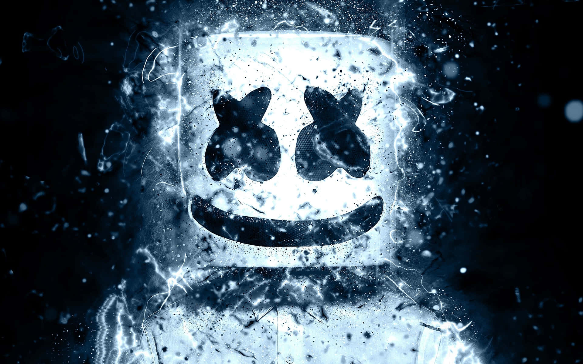 Marshmello 桌布 壁紙 — 一個發光的白色棉花糖人頭，帶有X形眼睛和微笑，在黑暗背景中衝破冰冷的水面。