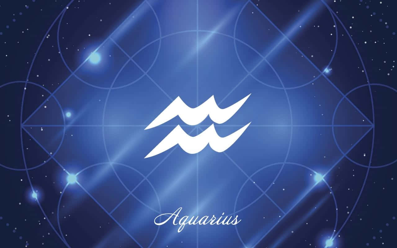 aquarius 桌布 壁紙 — 一個發光的白色水瓶座星座符號，位於深藍色宇宙背景中央，帶有幾何圖案和星光射線。