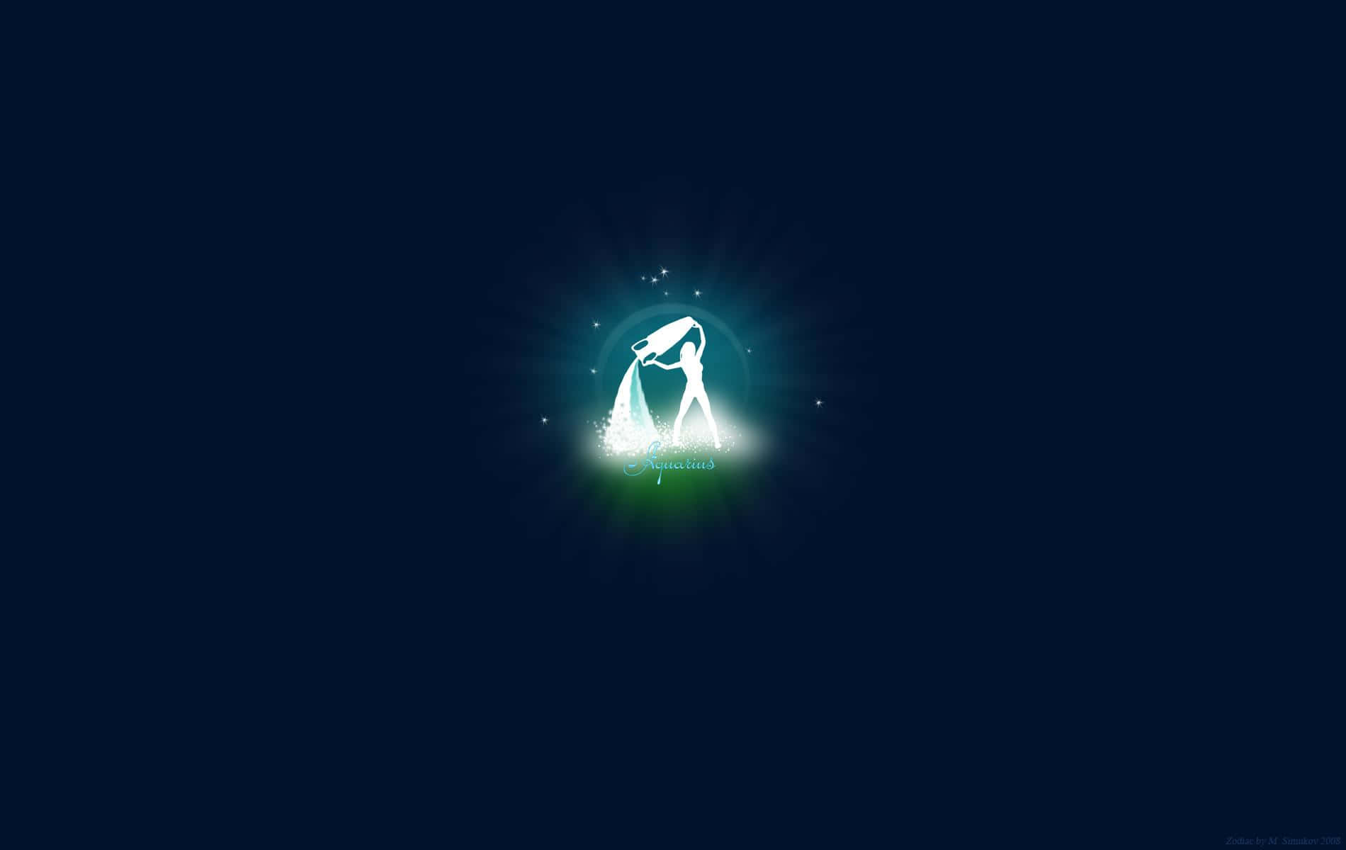aquarius 桌布 壁紙 — 一個發光的白色水瓶座星座符號，帶有倒水的人物，在深海軍藍背景下散發光芒。