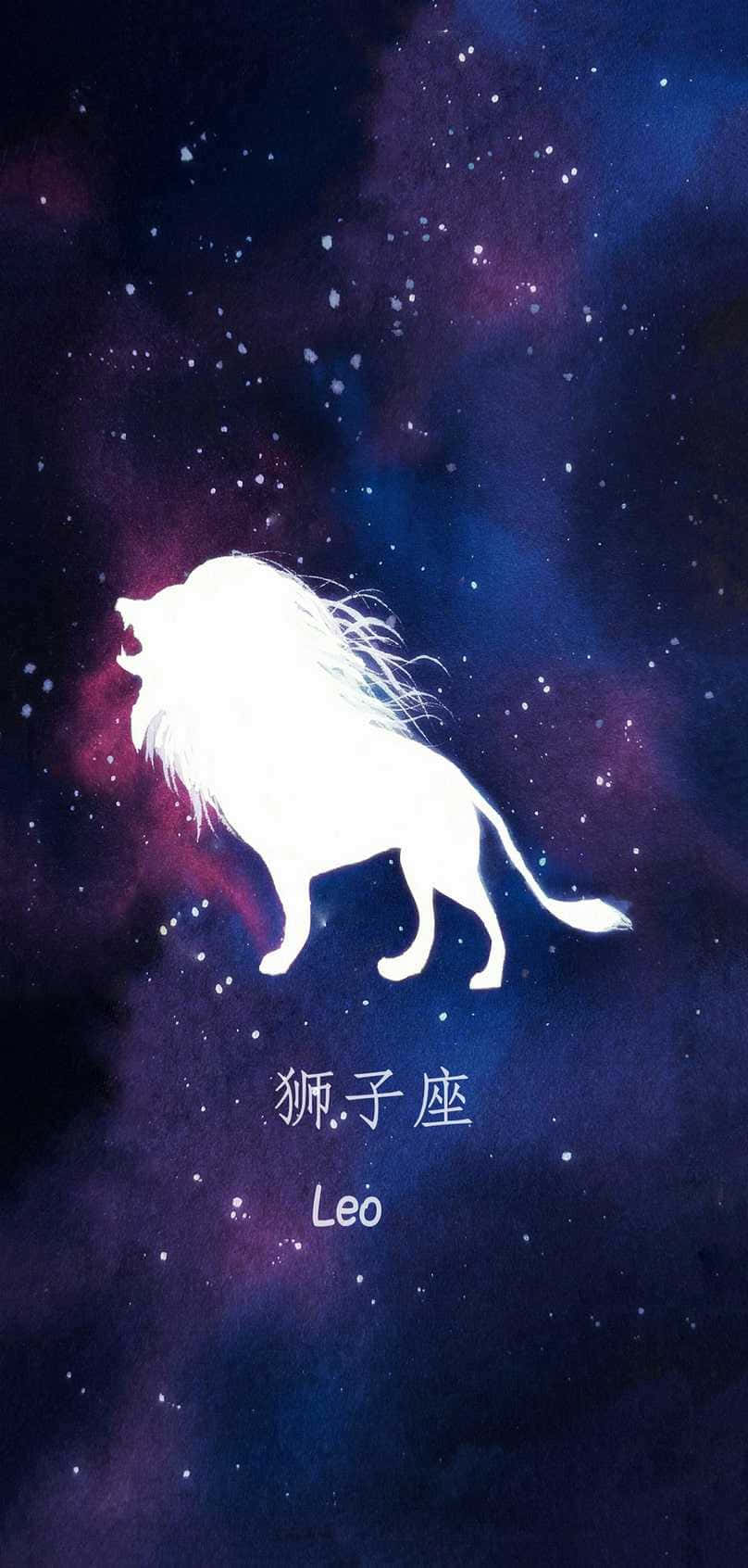 獅子 桌布 壁紙 — 一個發光的白色獅子剪影在充滿星星和紫藍色調的鮮豔宇宙星雲中咆哮。
