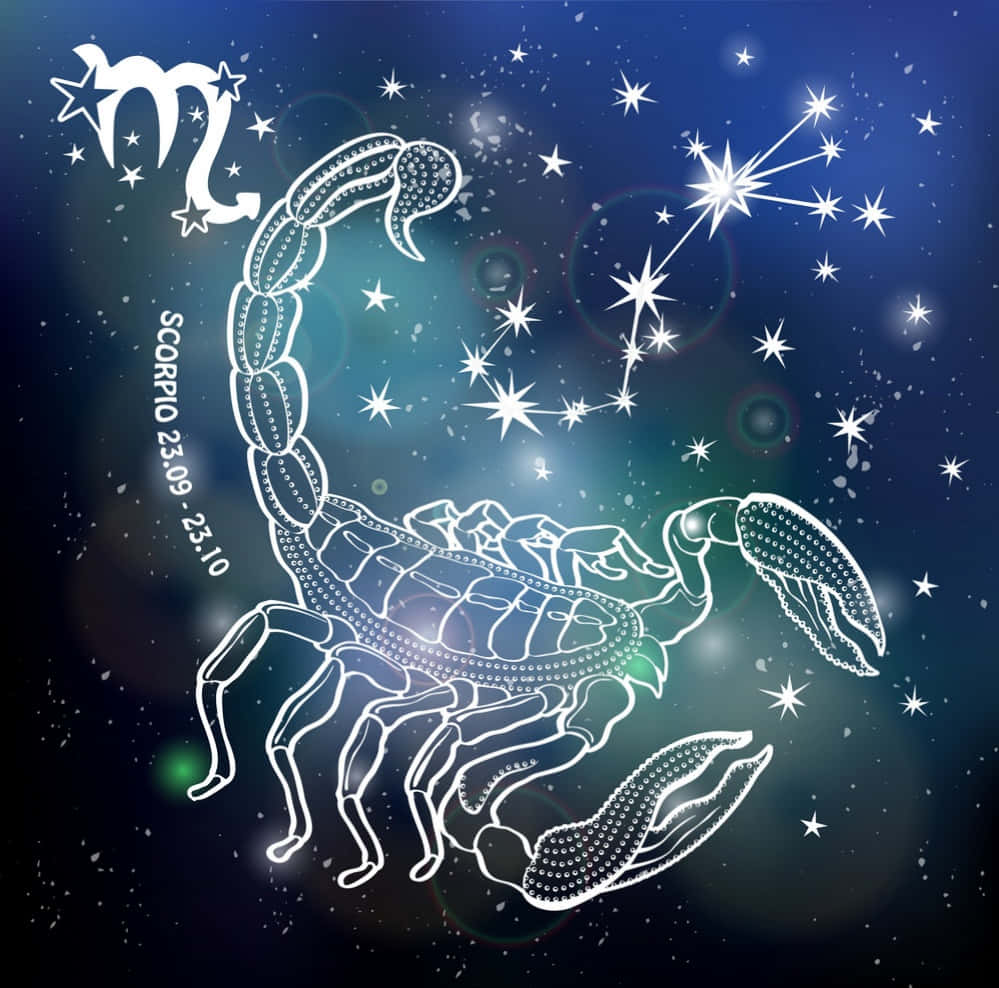 天蠍座 桌布 壁紙 — 一個發光的白色線條天蠍座星座，在深藍色星空夜晚背景下帶有鏡頭光暈。