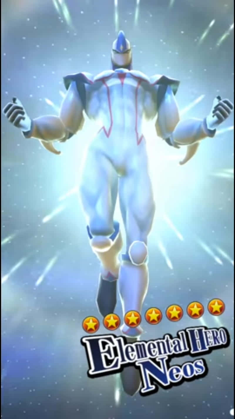 Yugioh Elemental Hero 桌布 壁紙 — 一個發光的白色裝甲英雄，戴著藍色頭盔和紅色點綴，背對著燦爛的光束，站在繁星點點的宇宙背景前。