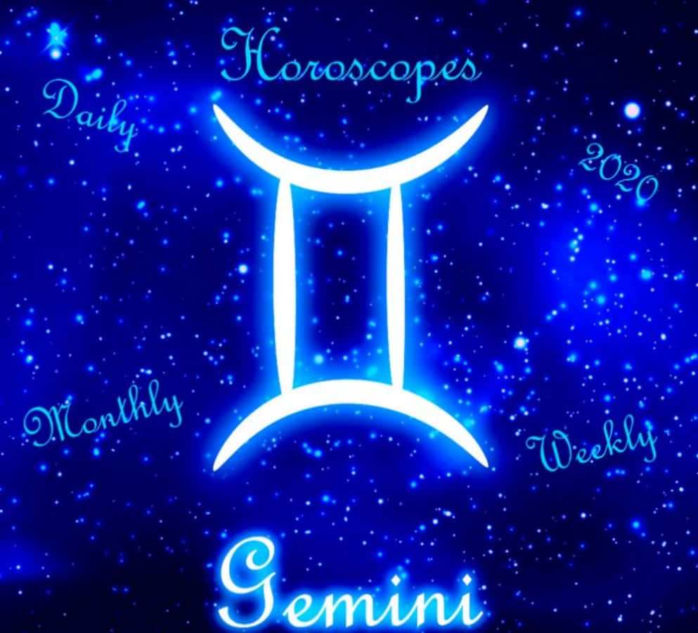 gemini 桌布 壁紙 — 一個發光的白色雙子座星座符號在深藍色星空背景下閃耀，周圍環繞著草書文字。