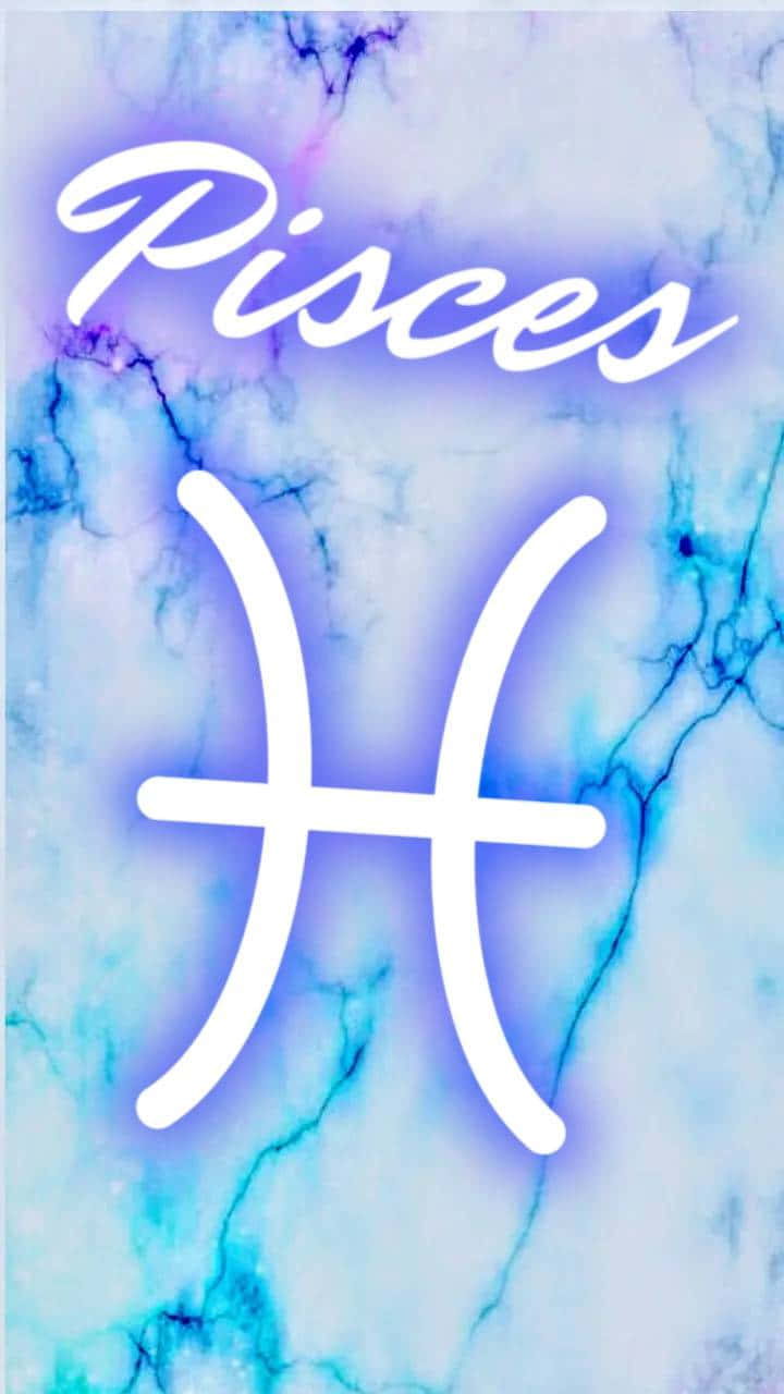 雙魚座 桌布 壁紙 — 一個發光的白色雙魚座星座符號和文字漂浮在帶有霓虹光效的藍色和紫色大理石背景上。