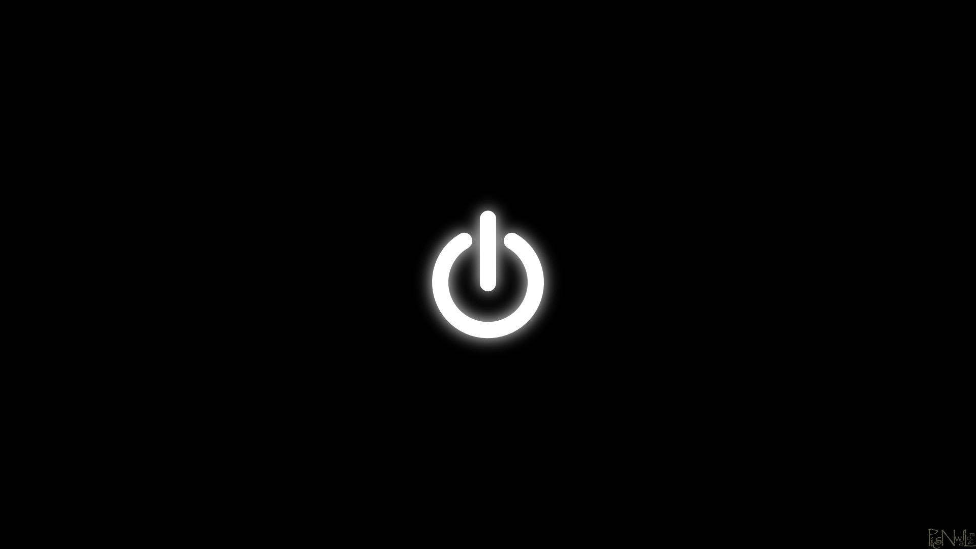 黑色動態圖 桌布 壁紙 — 一個發光的白色電源按鈕圖示，居中放置在純黑色背景上。