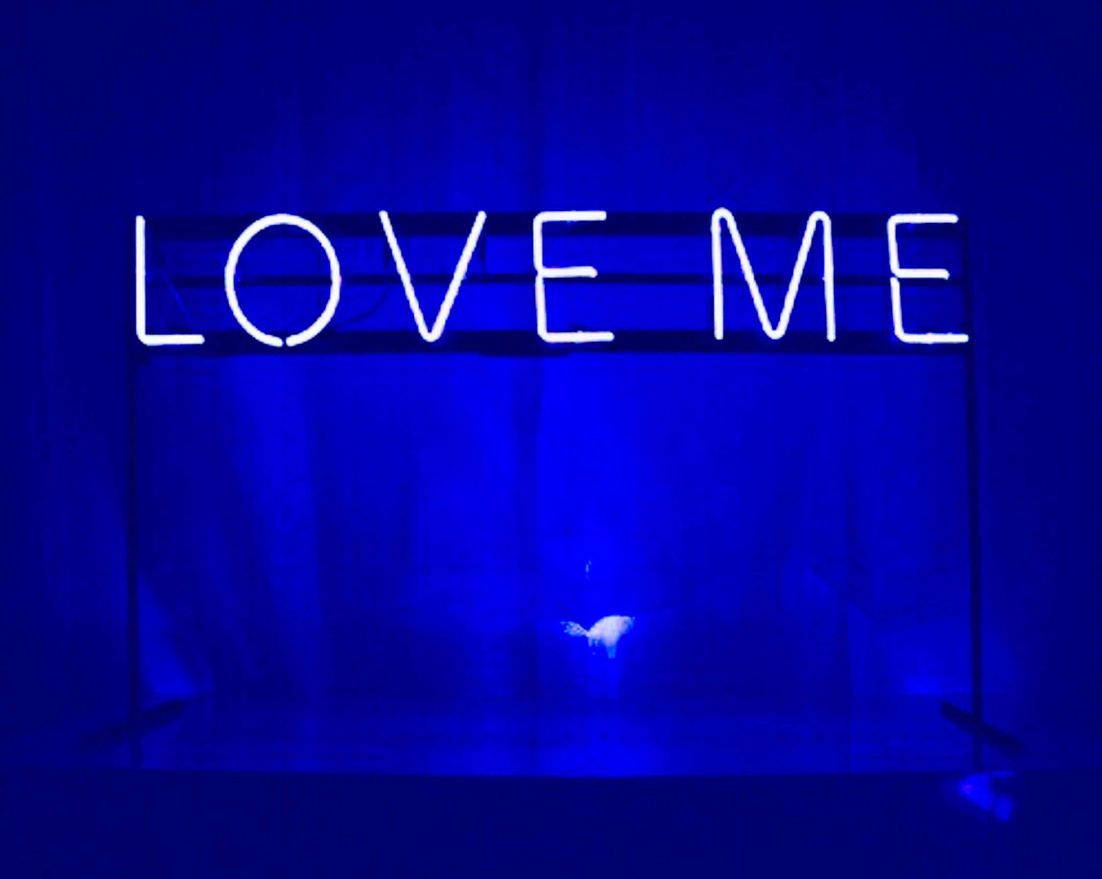 Blue Desktop 桌布 壁紙 — 一個發光的白色霓虹燈牌，上面寫著 LOVE ME，在深色窗簾背景下投射出鮮豔的藍光。