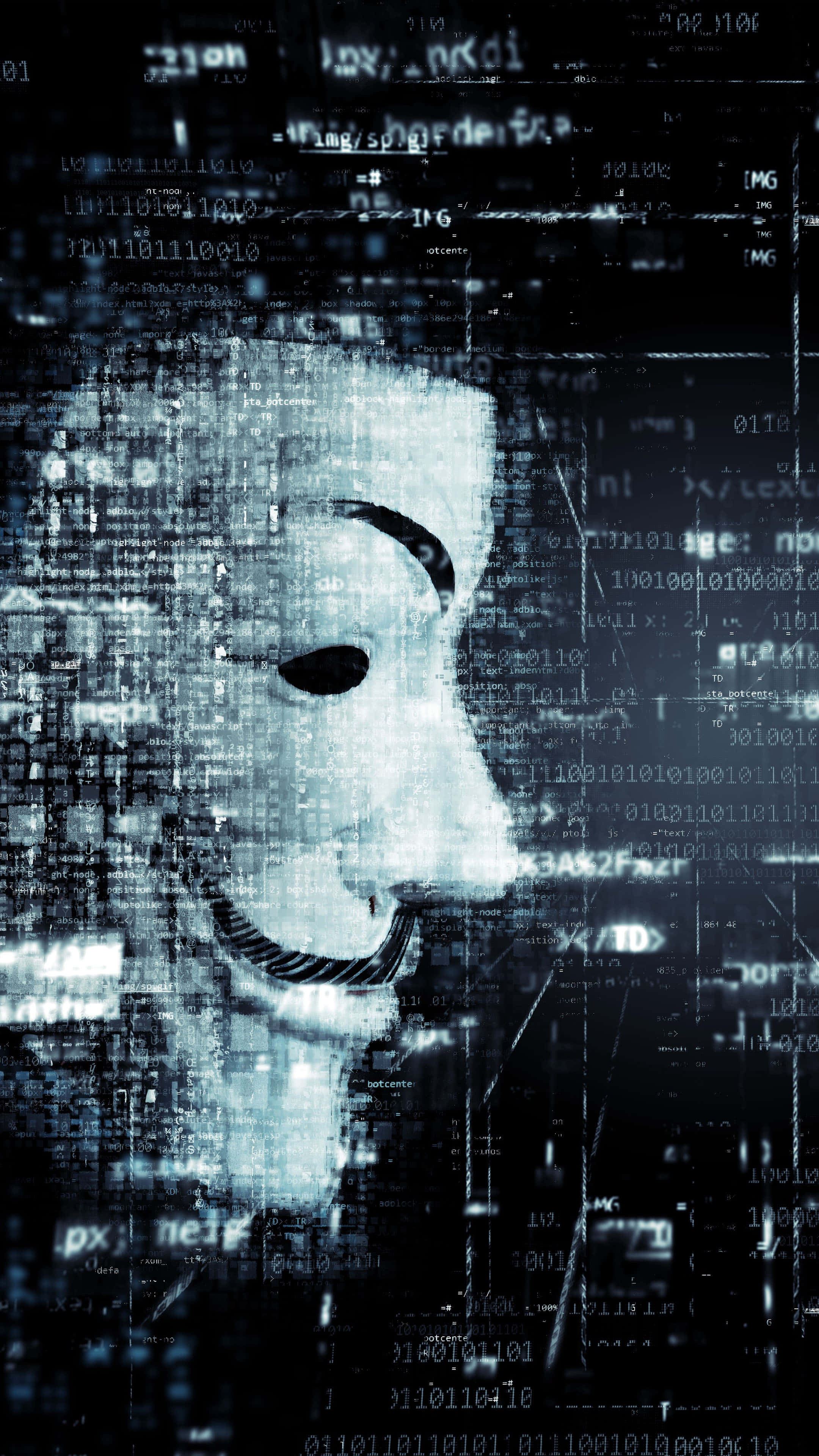 Anonymous 桌布 壁紙 — 一個發光的白色面具漂浮在故障的數位代碼和破碎的HTML標籤之間，處於深藍色賽博龐克場景中。