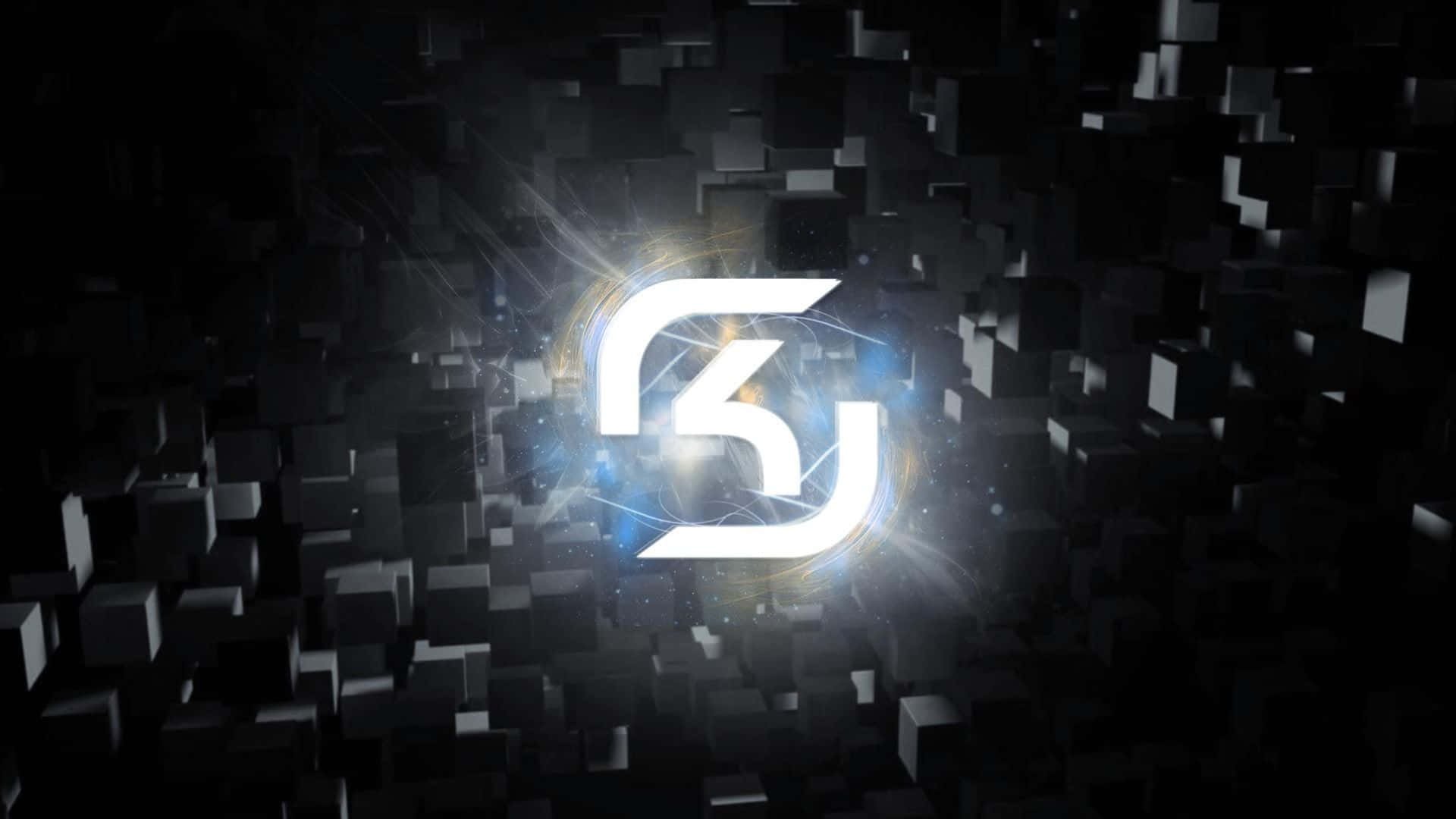 Sk Gaming 桌布 壁紙 — 一個發光的白色風格標誌從一個充滿黑暗浮動立方體的場域中浮現，帶有輻射光效。