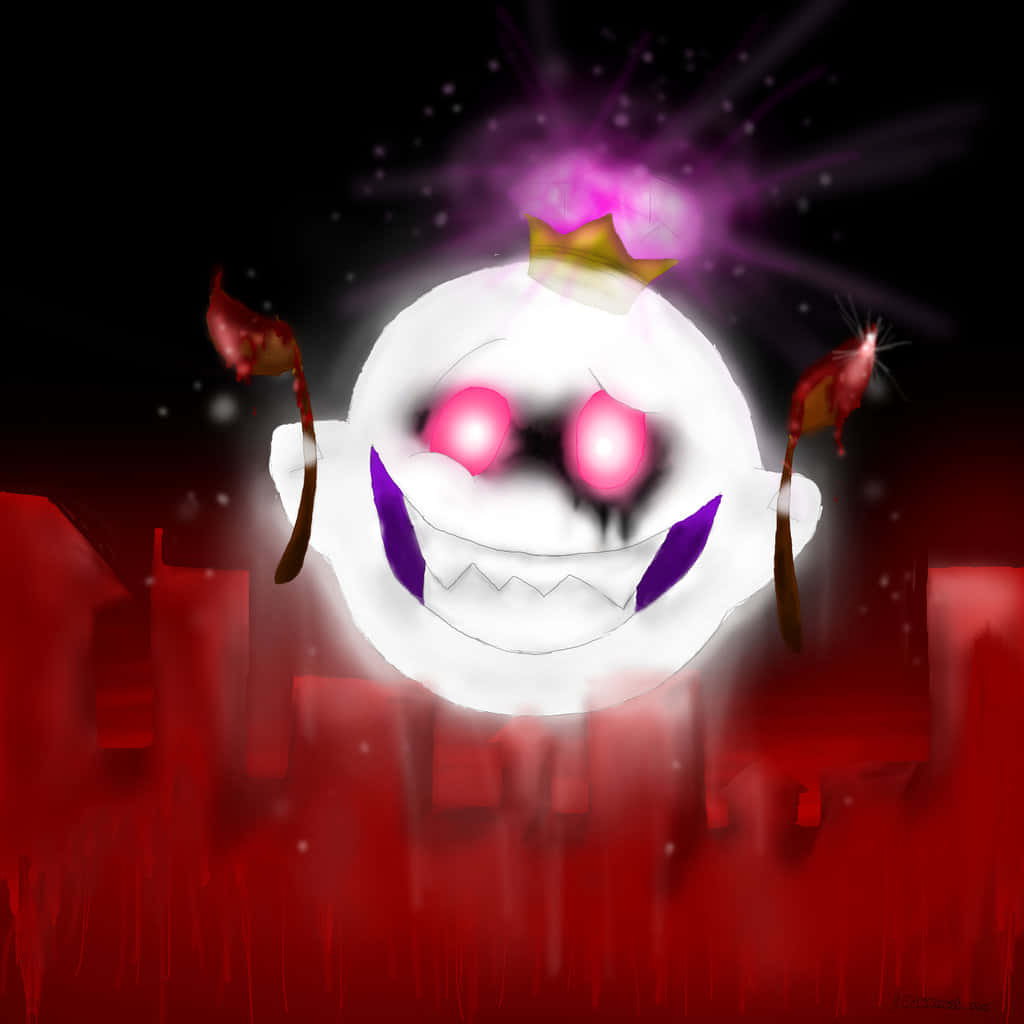King Boo 桌布 壁紙 — 一個發光的白色鬼魂，有粉紅色的眼睛和鋸齒狀的笑容，戴著皇冠，漂浮在星空下紅色的城市景觀之上。