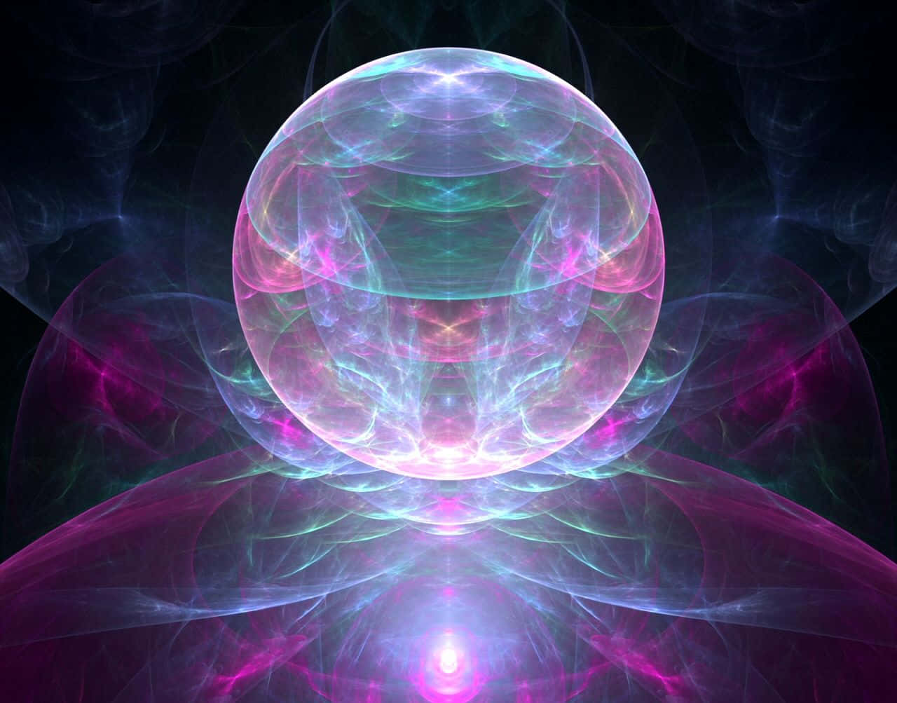 Crystal Ball 桌布 壁紙 — 一個發光的碎形球體在黑暗的宇宙背景下脈動著霓虹粉紅和藍綠色的能量。