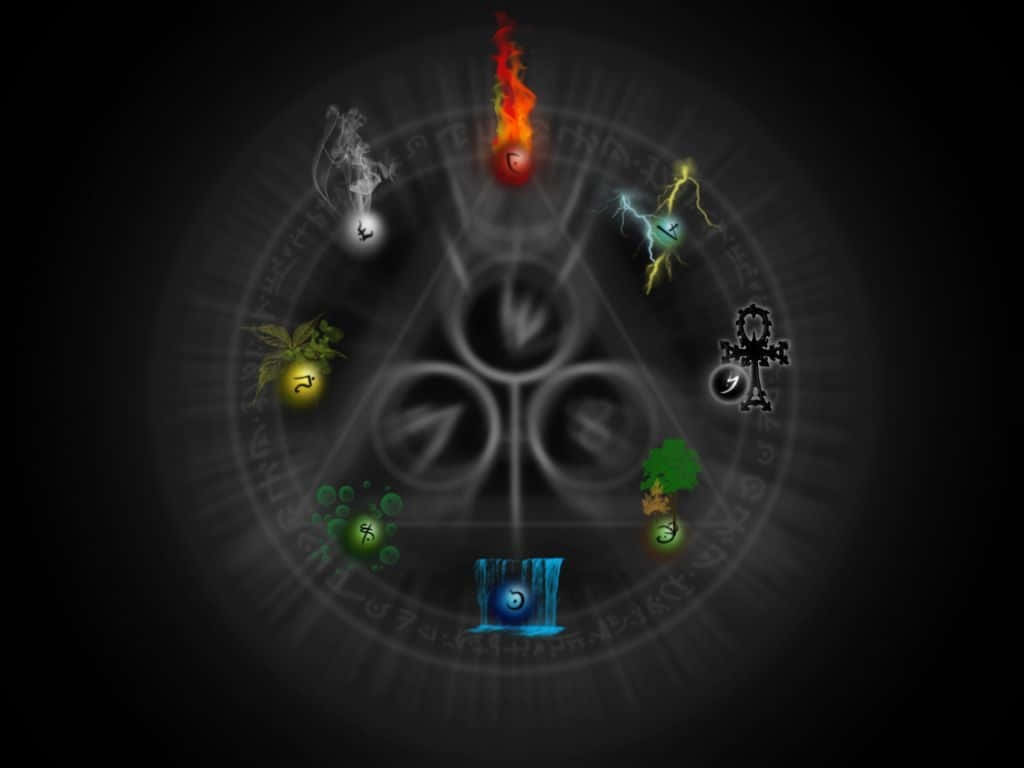 魔法 桌布 壁紙 — 一個發光的神秘五角星，被火、空氣、土、水和靈的元素符號環繞，背景為深色。