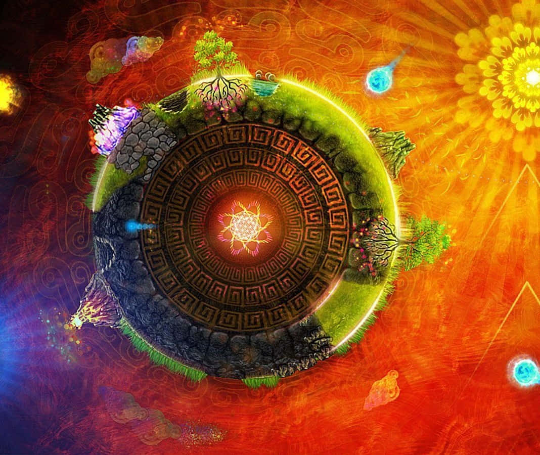 chakra 桌布 壁紙 — 一個發光的神秘行星，帶有幾何圖案和漂浮的樹木，被輻射的宇宙能量和色彩繽紛的星雲包圍。