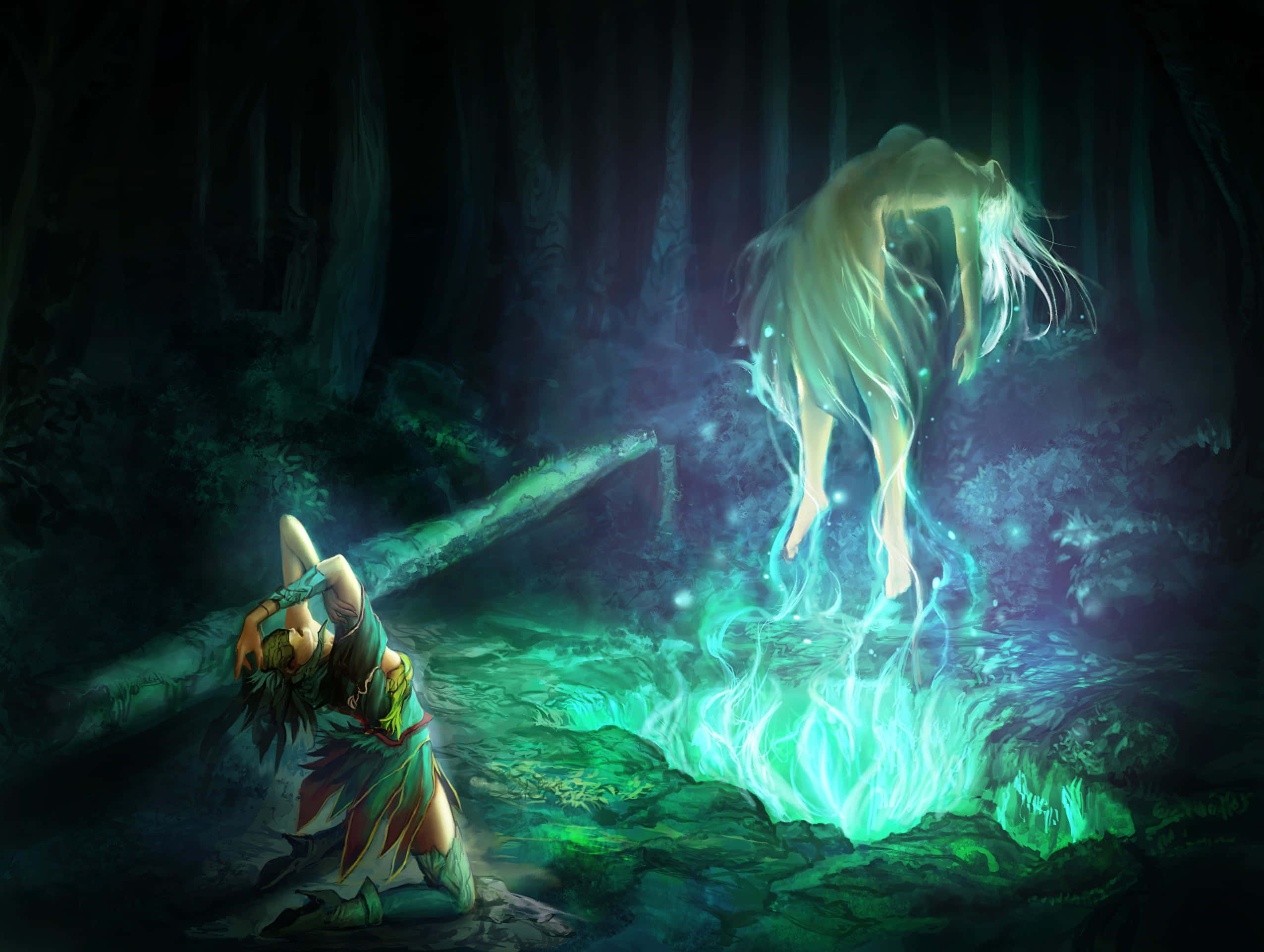 Green Witch 桌布 壁紙 — 一個發光的空靈身影懸浮在黑暗魔法森林中的神秘綠色水池上方，一名跪著的戰士抬頭凝視。