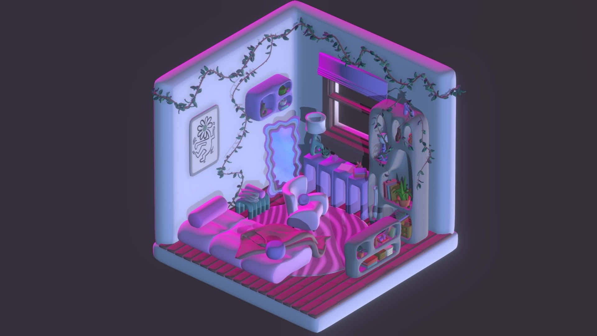 Kawaii Room 桌布 壁紙 — 一個發光的等距臥室，帶有紫色霓虹燈、藤蔓和未來主義家具，在風格化的數位藝術場景中。