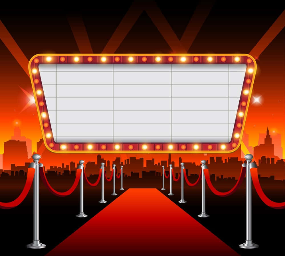 Casino 桌布 壁紙 — 一個發光的簷篷招牌，有一條紅地毯引向它，背景是黃昏時分火熱橙色的城市天際線。