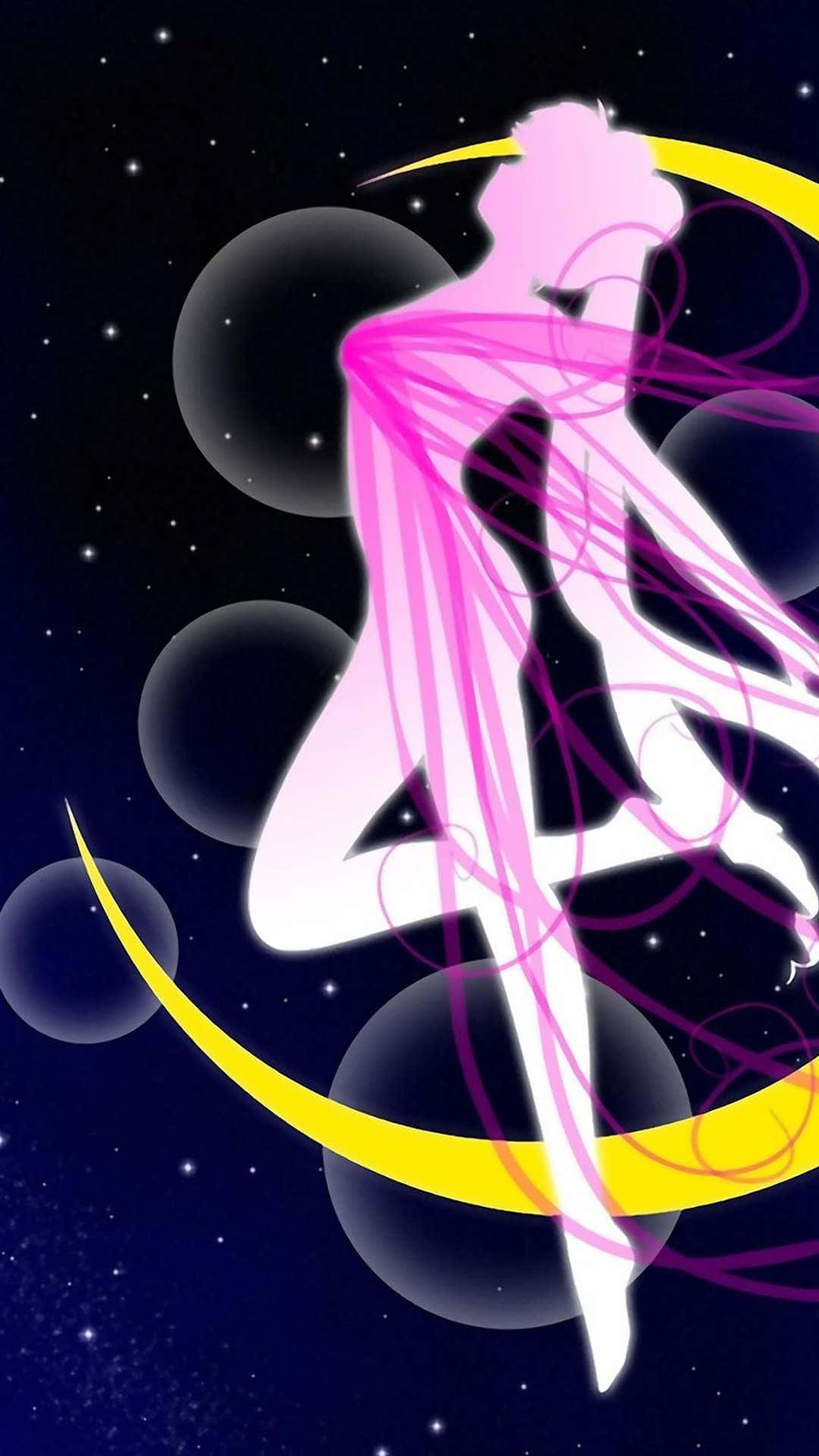 紫色動漫 桌布 壁紙 — 一個發光的粉紅色動漫女孩，飄逸的頭髮在繁星點點的夜空下跳舞，周圍有漂浮的球體和一彎新月。