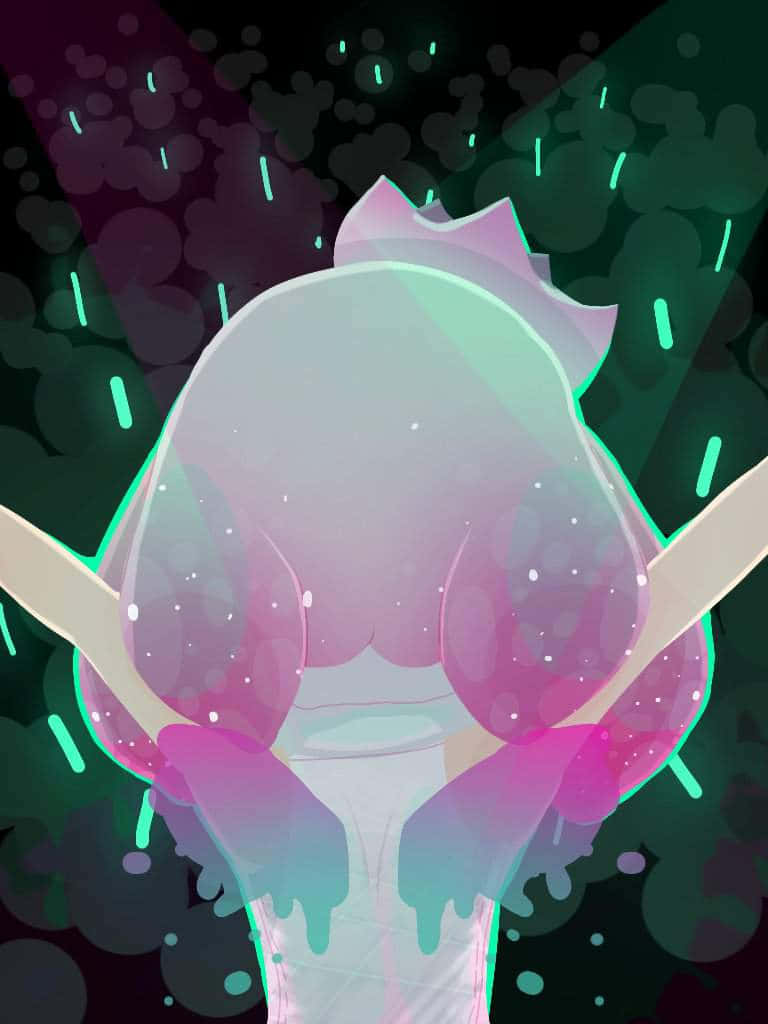 splatoon 2 桌布 壁紙 — 一個發光的粉紅色和藍綠色半透明生物，帶有星形水滴從其形狀滴落，背景是深綠色散景。