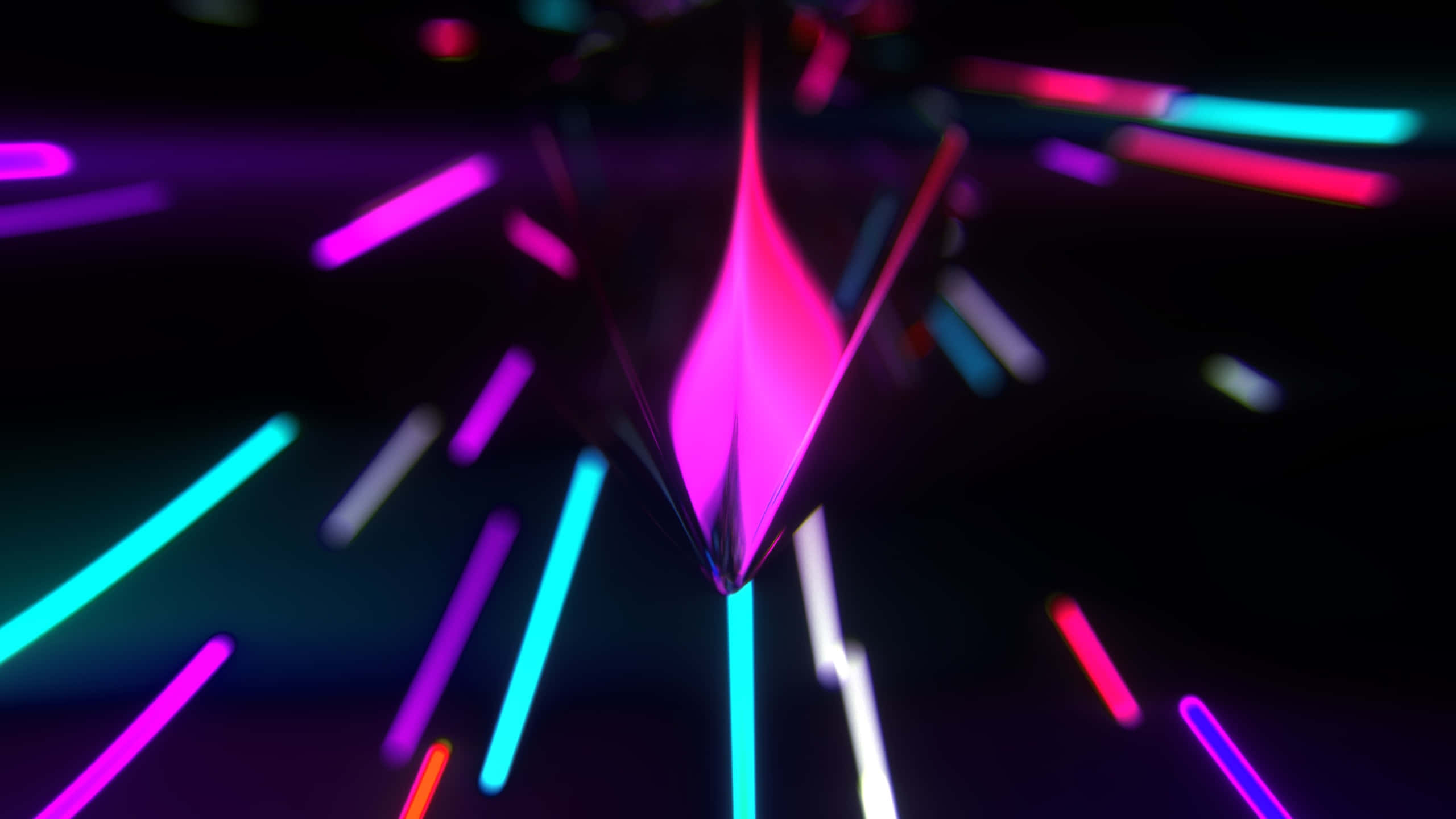 Neon Light 桌布 壁紙 — 一個發光的粉紅色幾何棱鏡在黑暗虛空中折射出充滿活力的紫色和青色霓虹條紋。