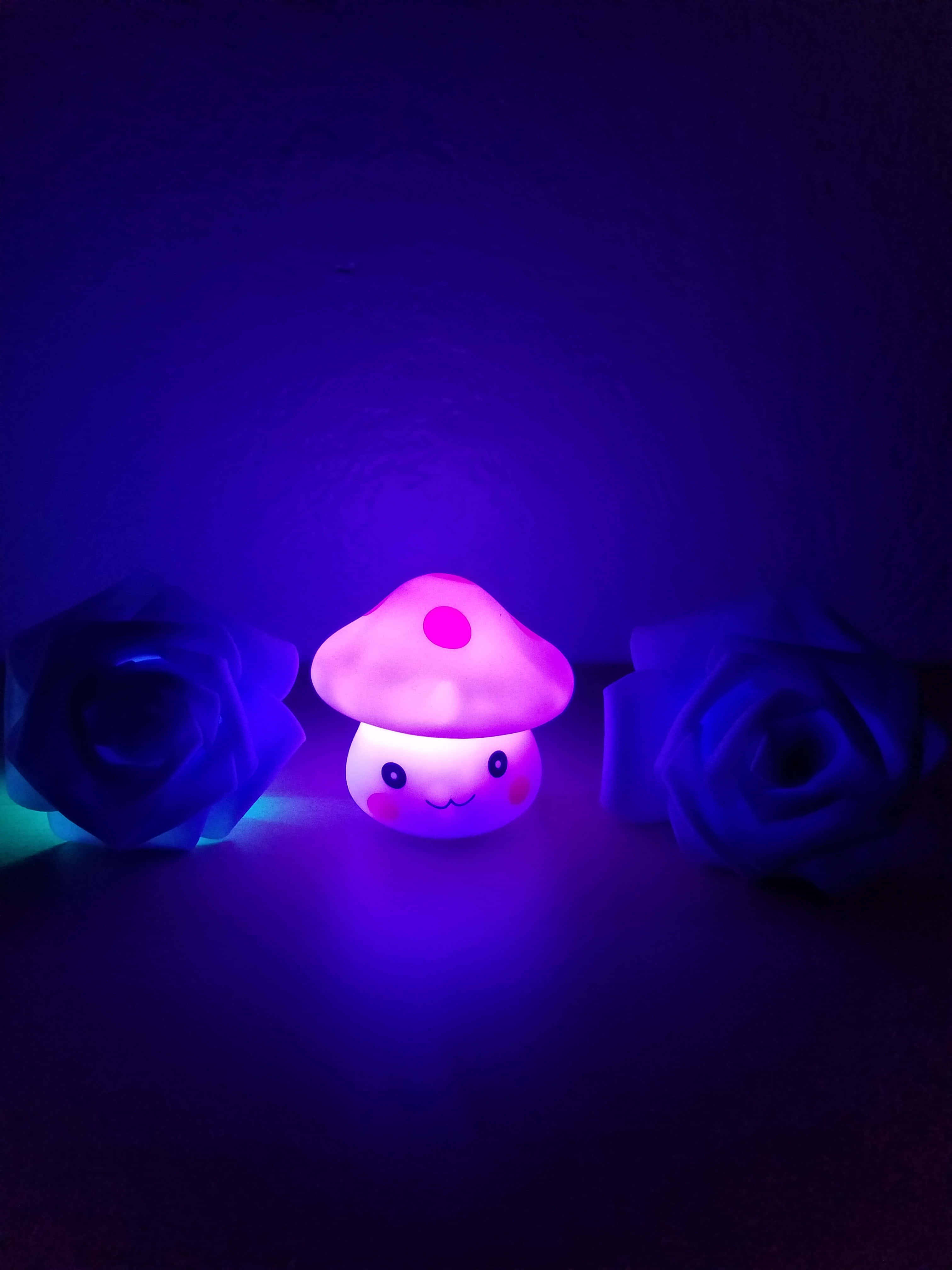 Kawaii Mushroom 桌布 壁紙 — 一個發光的粉紅色蘑菇夜燈，帶有可愛的臉孔，放在兩朵深色玫瑰之間，周圍是紫色環境照明。