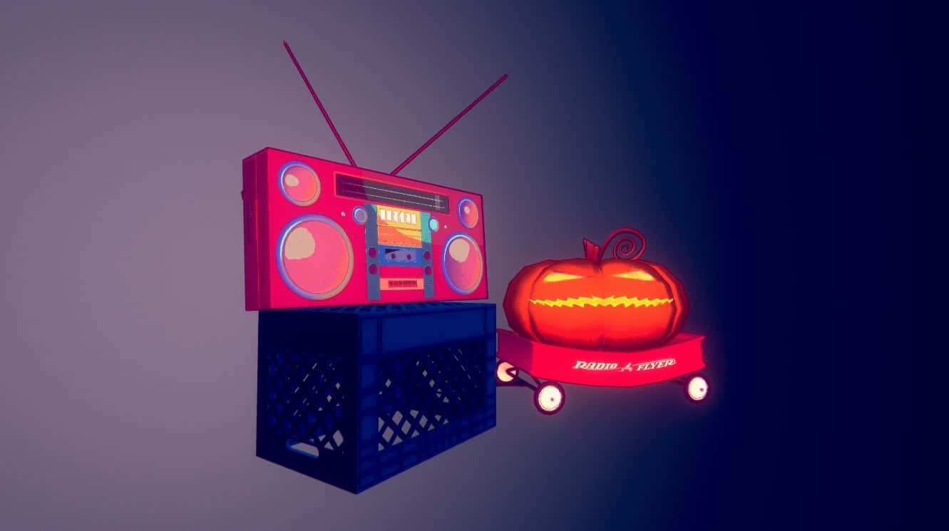 Halloween Music 桌布 壁紙 — 一個發光的粉紅色音箱放在一個藍色木箱上，旁邊是一個點亮的南瓜燈在紅色手推車上，背景是深色漸變。