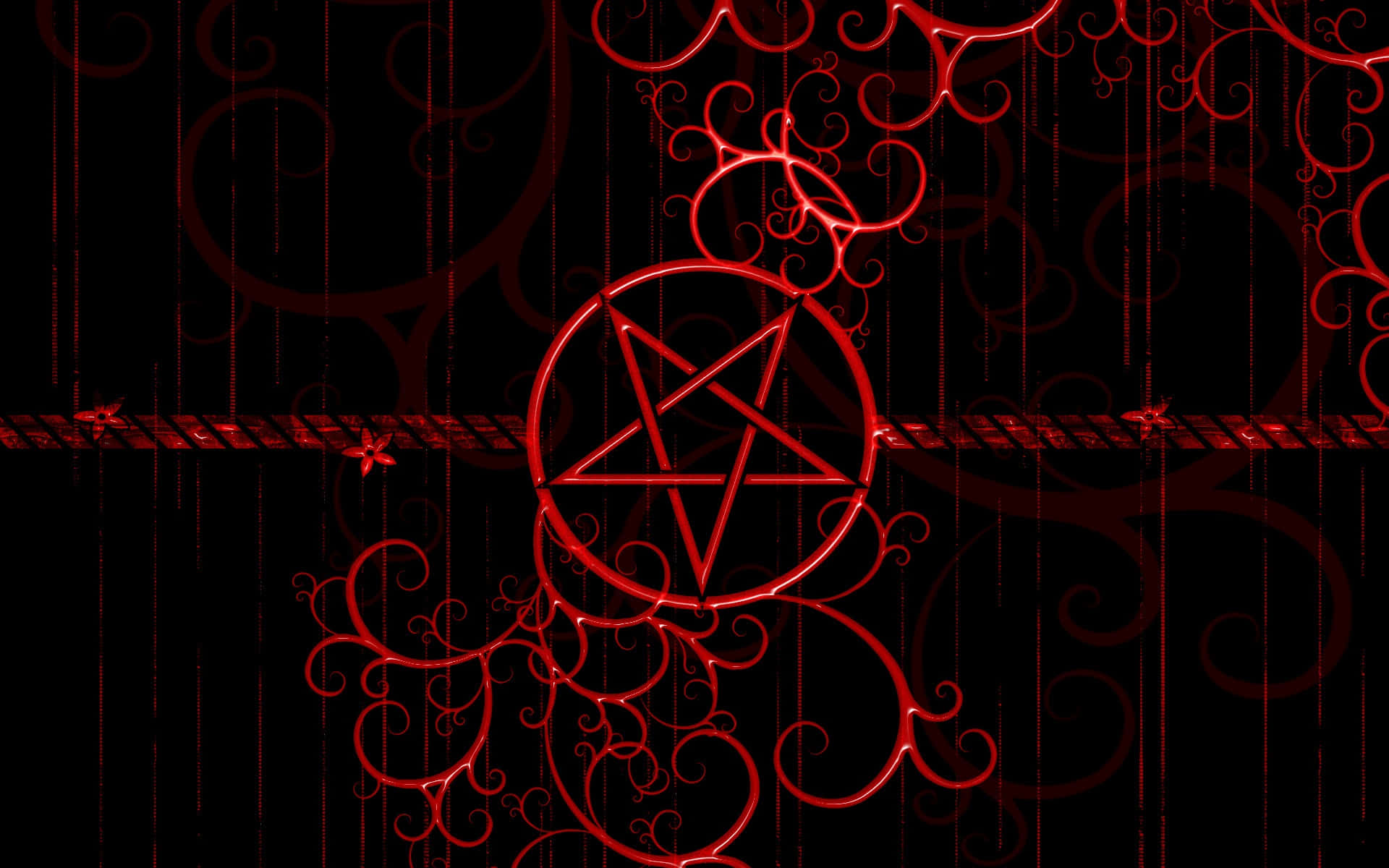 Occult 桌布 壁紙 — 一個發光的紅色五角星，被華麗的漩渦環繞，背景為帶有垂直線條的深色。